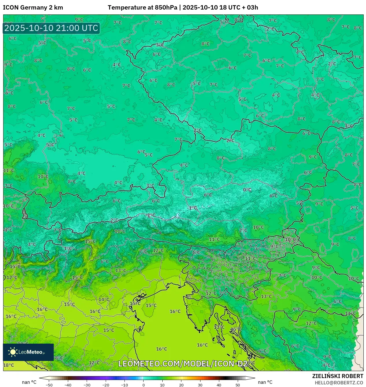 ICON Germany 2 km model - Austria, Temperature at 850hPa ICON Germany 2 km model - Austria, Temperature at 850hPa