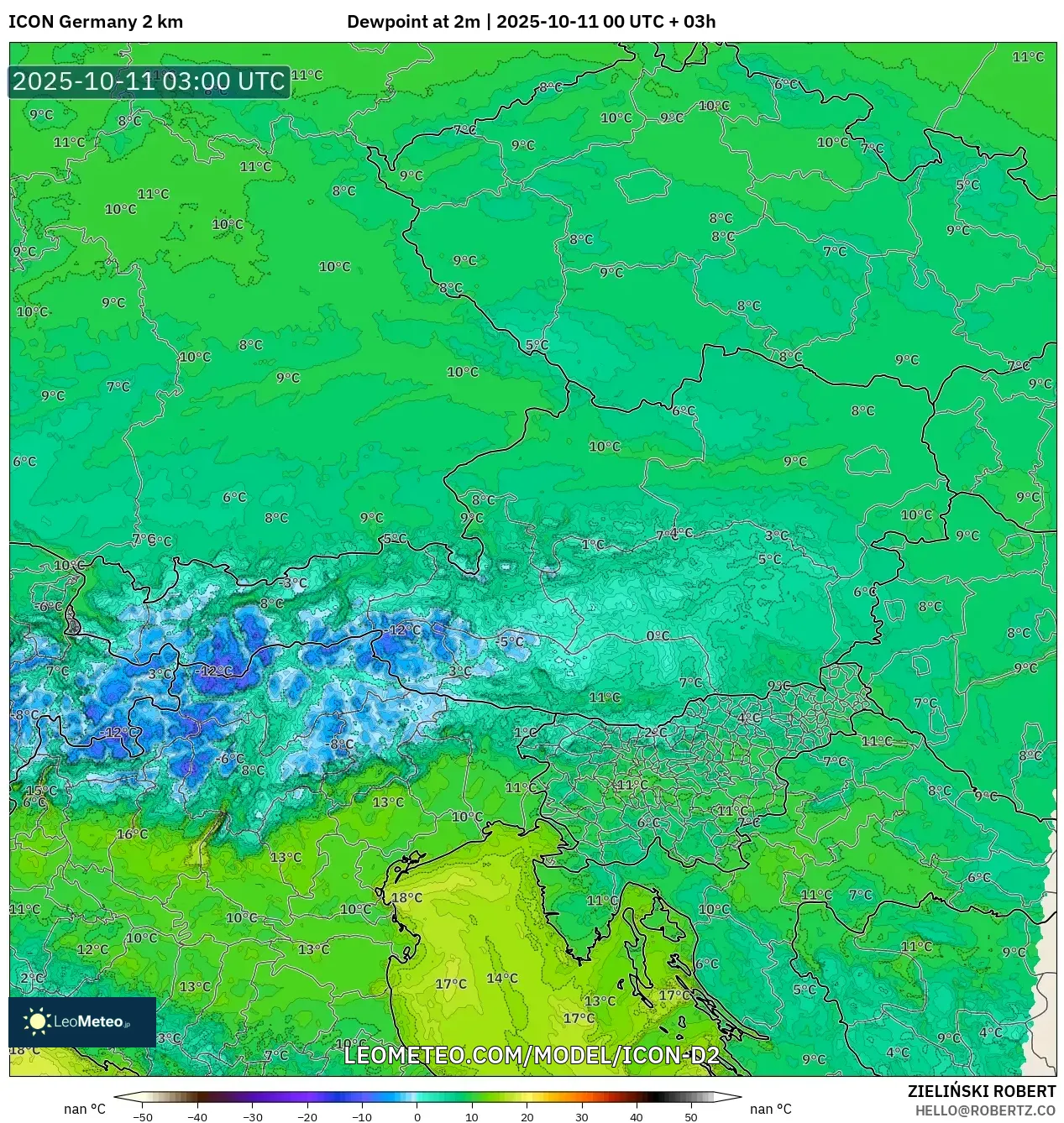 ICON Germany 2 km model - Austria, Dewpoint at 2m ICON Germany 2 km model - Austria, Dewpoint at 2m