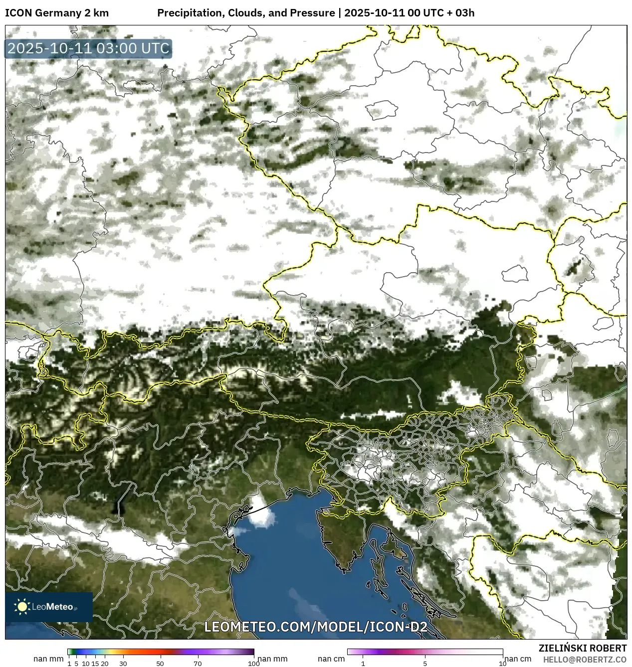 ICON Germany 2 km model - Austria, Precipitation, Clouds, and Pressure ICON Germany 2 km model - Austria, Precipitation, Clouds, and Pressure