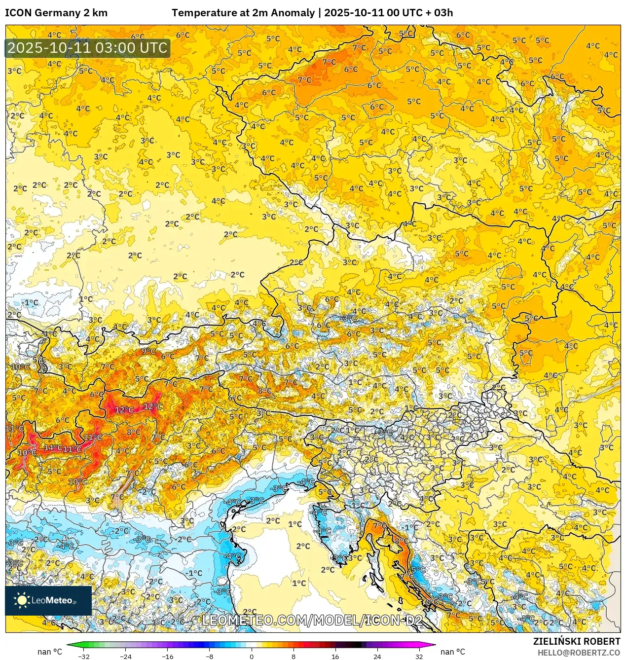 ICON Germany 2 km model - Austria, Temperature at 2m Anomaly ICON Germany 2 km model - Austria, Temperature at 2m Anomaly
