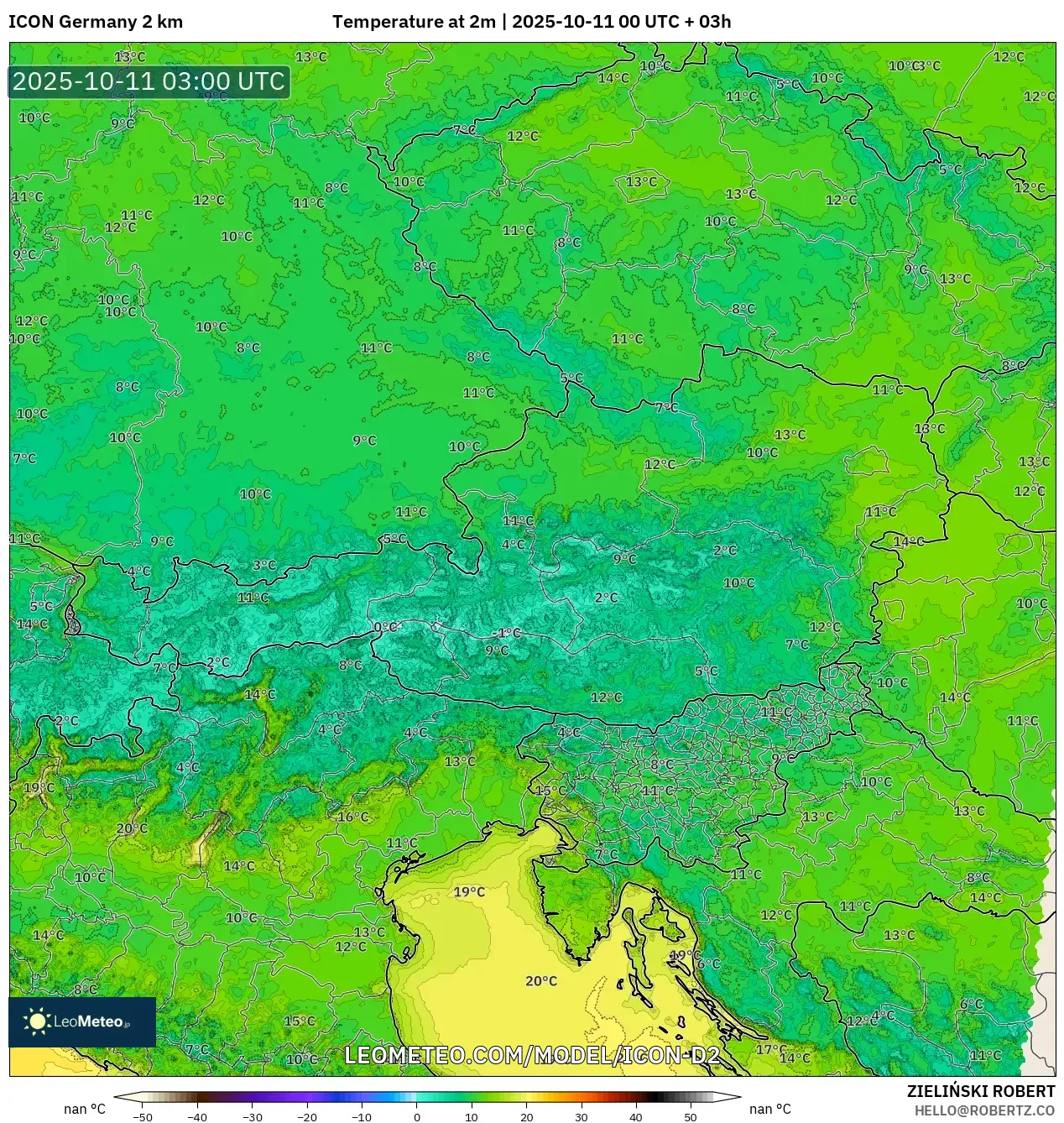 ICON Germany 2 km model - Austria, Temperature at 2m ICON Germany 2 km model - Austria, Temperature at 2m