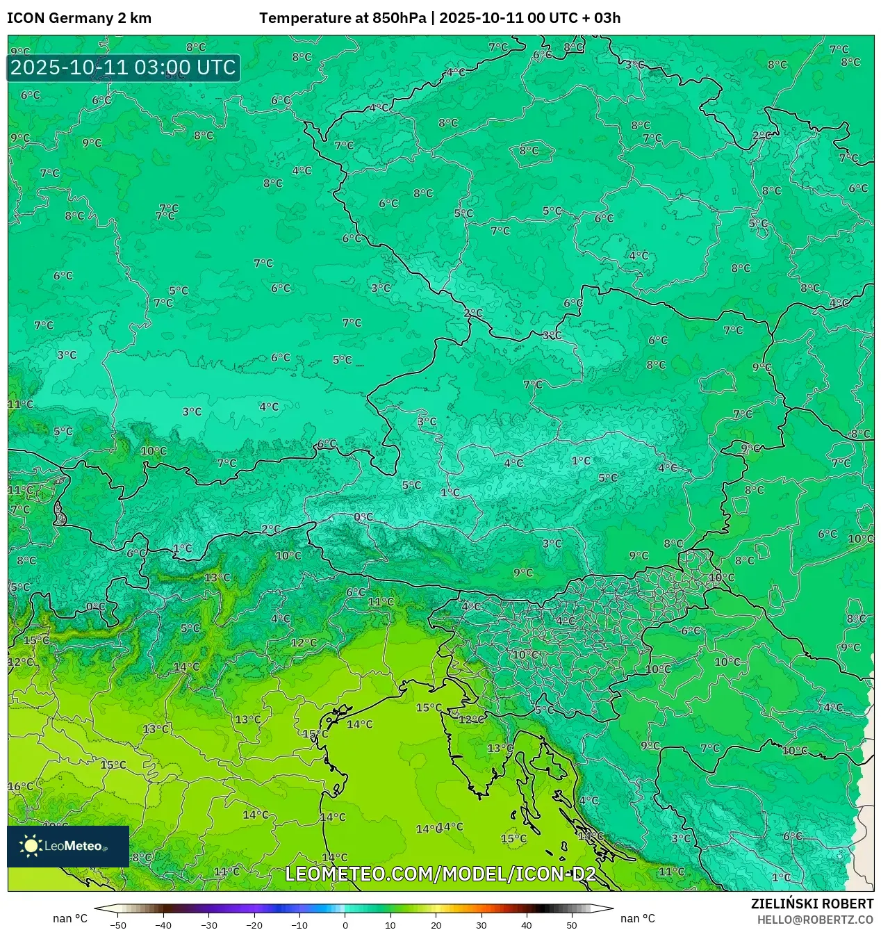ICON Germany 2 km model - Austria, Temperature at 850hPa