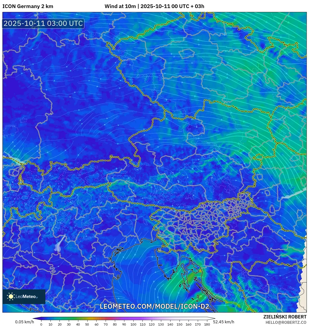 ICON Germany 2 km model - Austria, Wind at 10m ICON Germany 2 km model - Austria, Wind at 10m