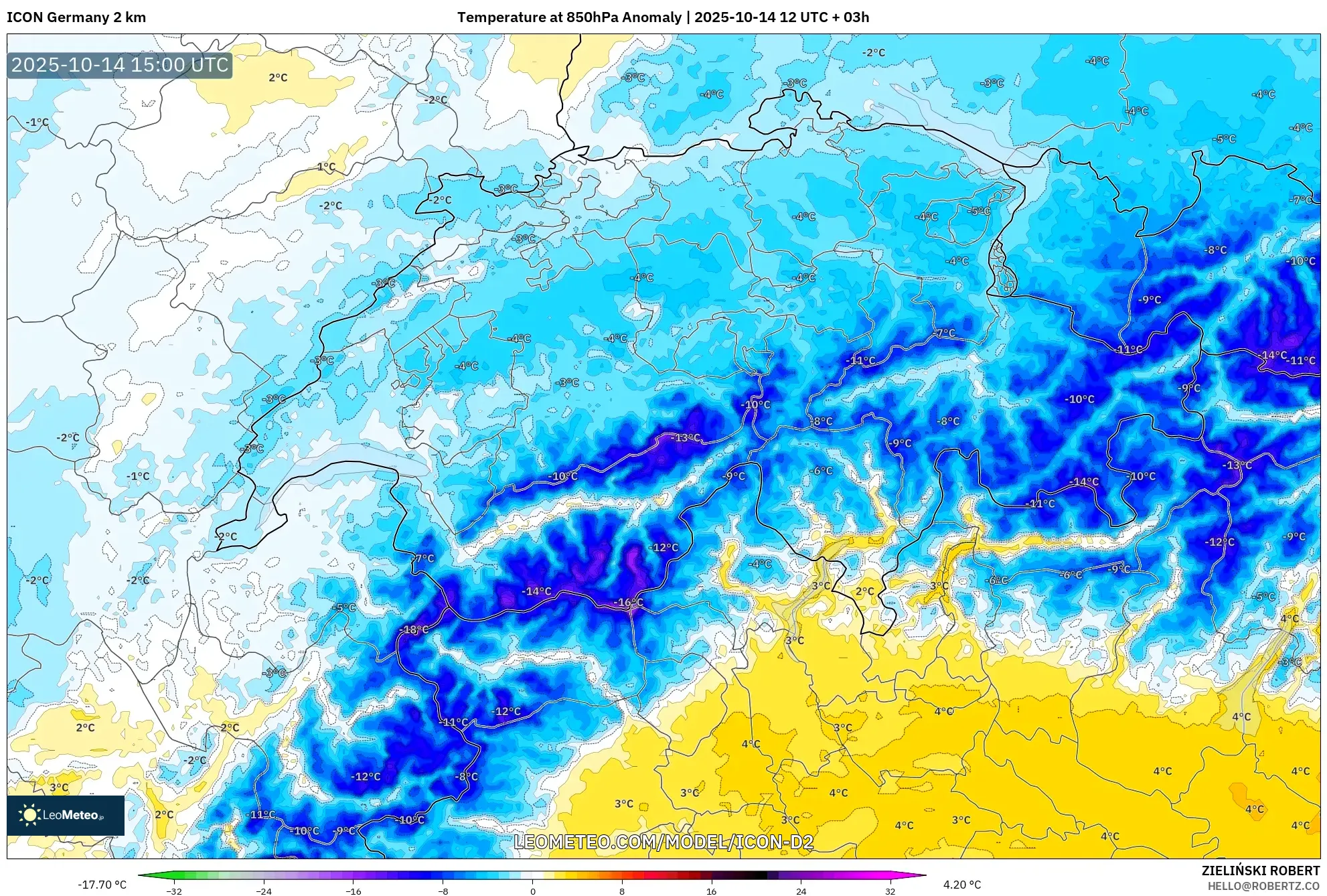 ICON Germany 2 km model - Switzerland, Temperature at 850hPa Anomaly ICON Germany 2 km model - Switzerland, Temperature at 850hPa Anomaly
