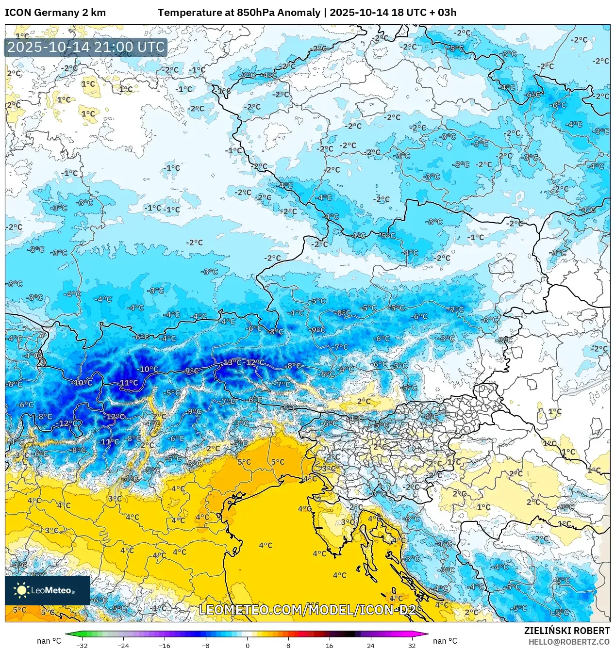 ICON Germany 2 km model - Austria, Temperature at 850hPa Anomaly ICON Germany 2 km model - Austria, Temperature at 850hPa Anomaly