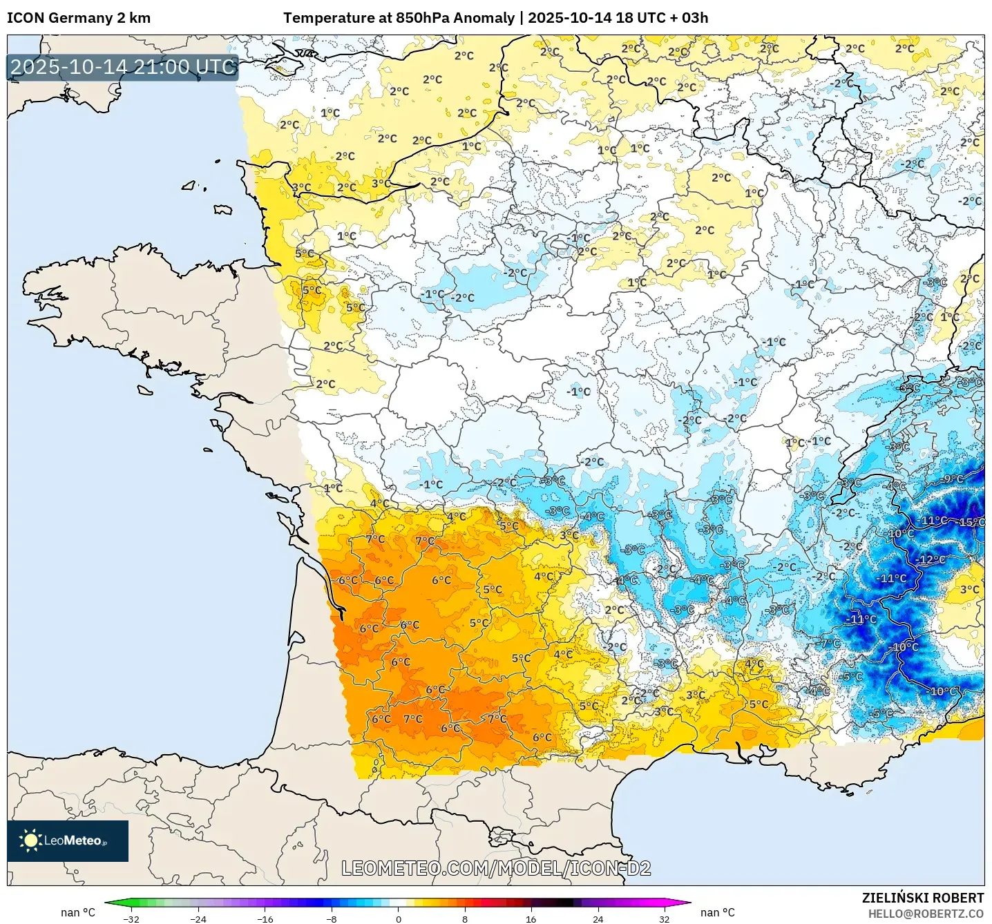 ICON Germany 2 km model - France, Temperature at 850hPa Anomaly
