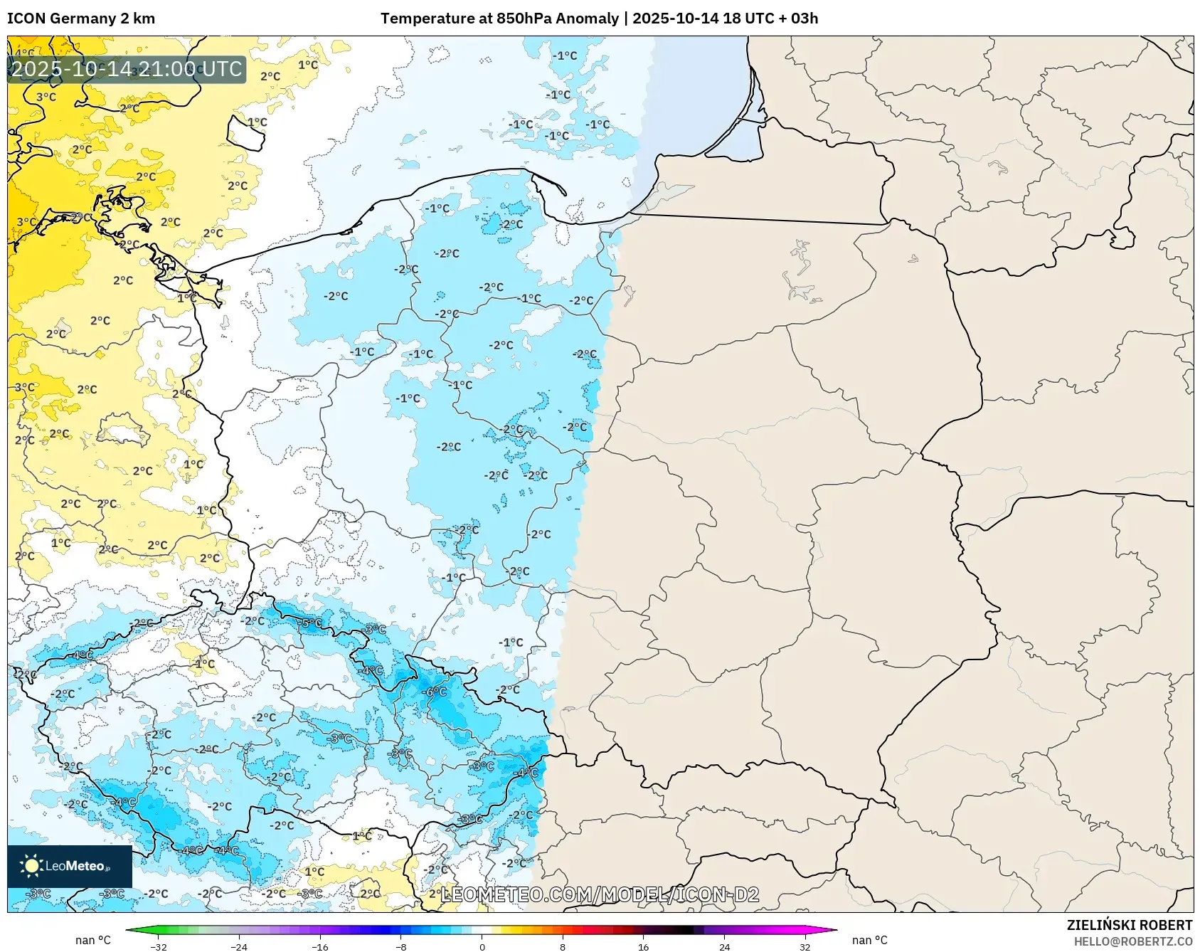 ICON Germany 2 km model - Poland, Temperature at 850hPa Anomaly ICON Germany 2 km model - Poland, Temperature at 850hPa Anomaly