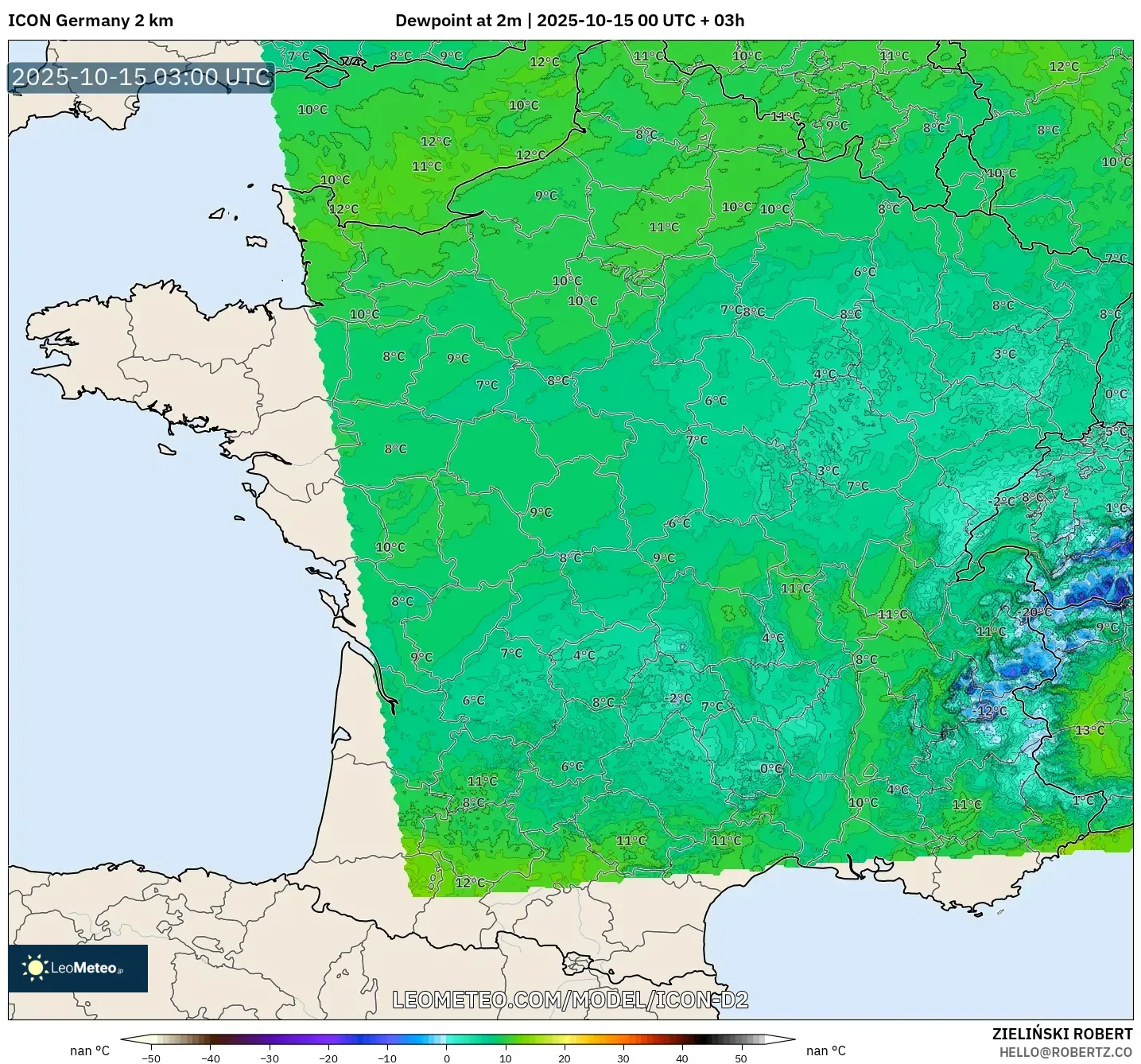 ICON Germany 2 km model - France, Dewpoint at 2m ICON Germany 2 km model - France, Dewpoint at 2m