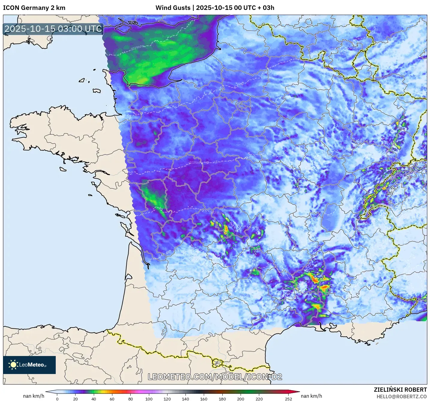 ICON Germany 2 km model - France, Wind Gusts ICON Germany 2 km model - France, Wind Gusts