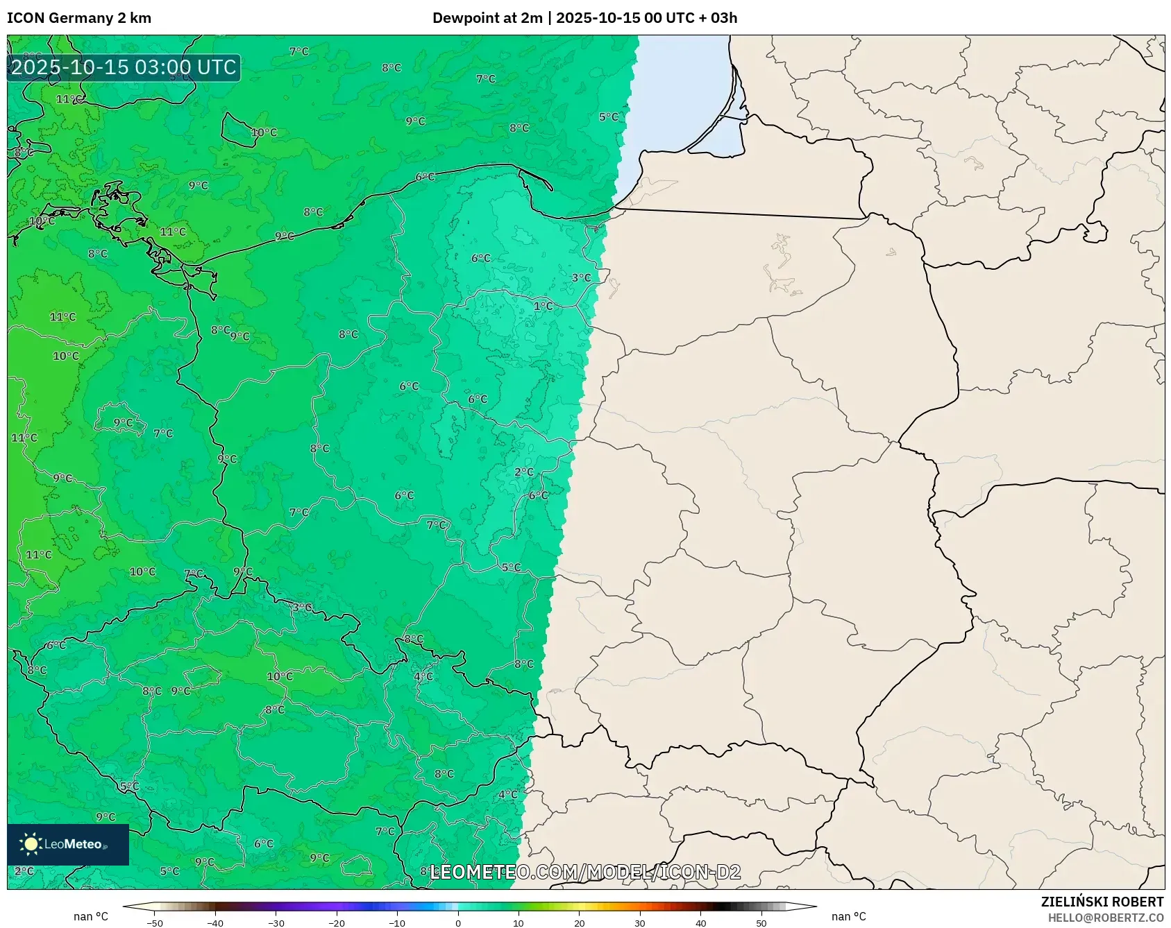 ICON Germany 2 km model - Poland, Dewpoint at 2m