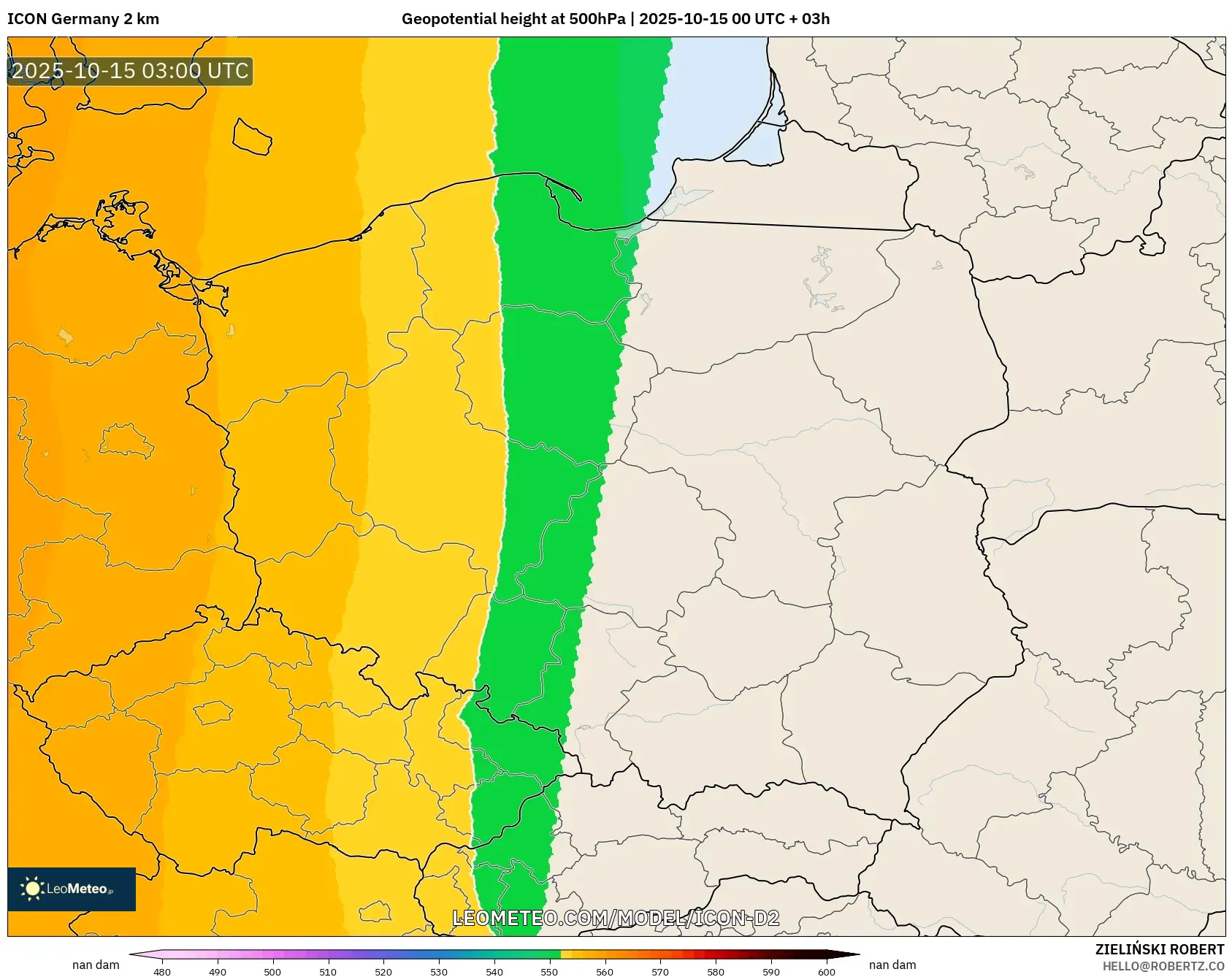ICON Germany 2 km model - Poland, Geopotential height at 500hPa ICON Germany 2 km model - Poland, Geopotential height at 500hPa
