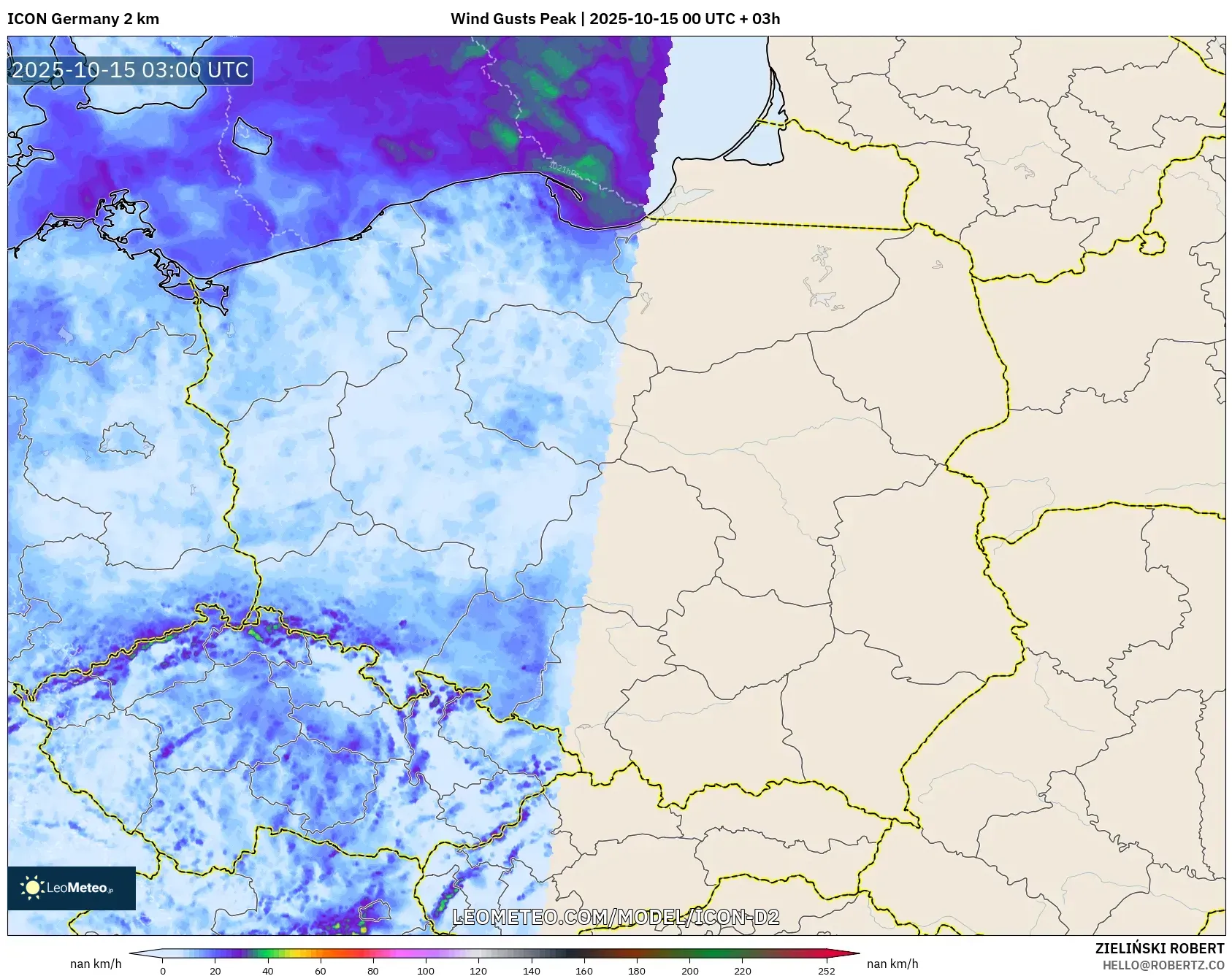 ICON Germany 2 km model - Poland, Wind Gusts Peak ICON Germany 2 km model - Poland, Wind Gusts Peak