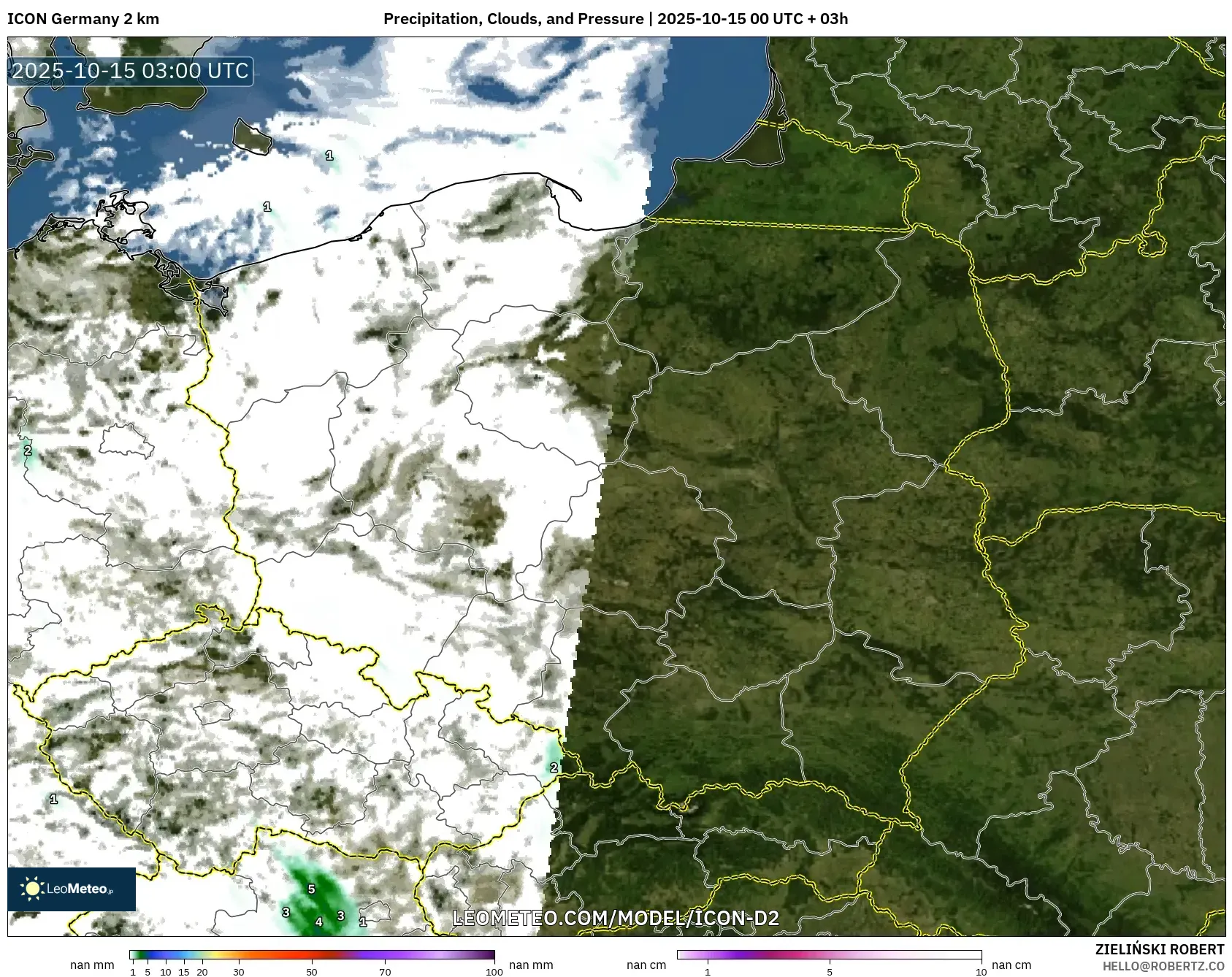 ICON Germany 2 km model - Poland, Precipitation, Clouds, and Pressure ICON Germany 2 km model - Poland, Precipitation, Clouds, and Pressure