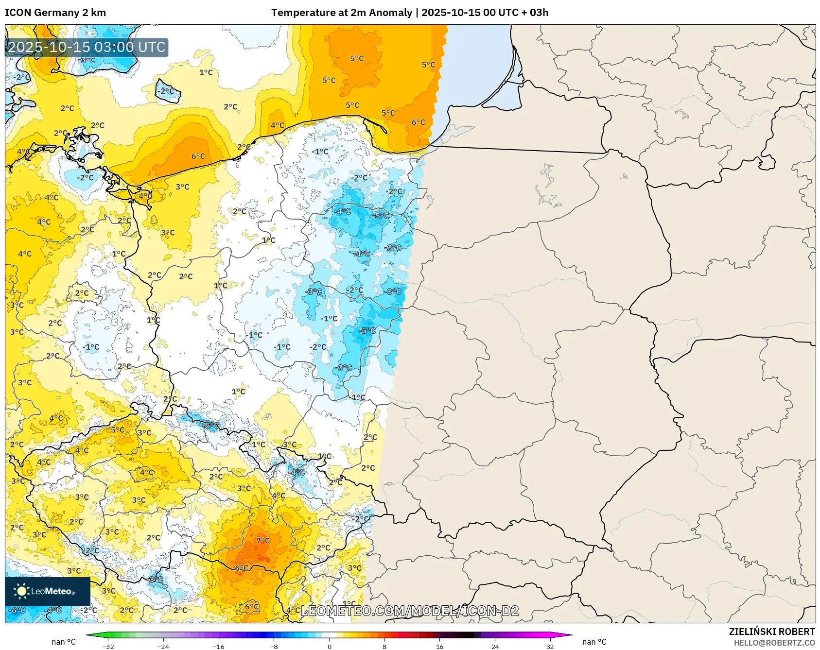 ICON Germany 2 km model - Poland, Temperature at 2m Anomaly ICON Germany 2 km model - Poland, Temperature at 2m Anomaly
