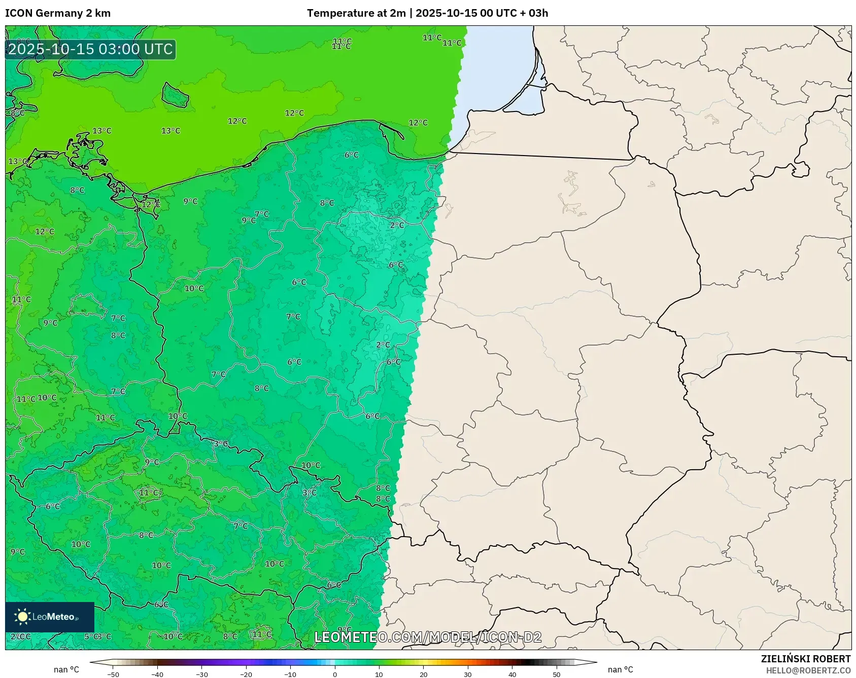 ICON Germany 2 km model - Poland, Temperature at 2m ICON Germany 2 km model - Poland, Temperature at 2m