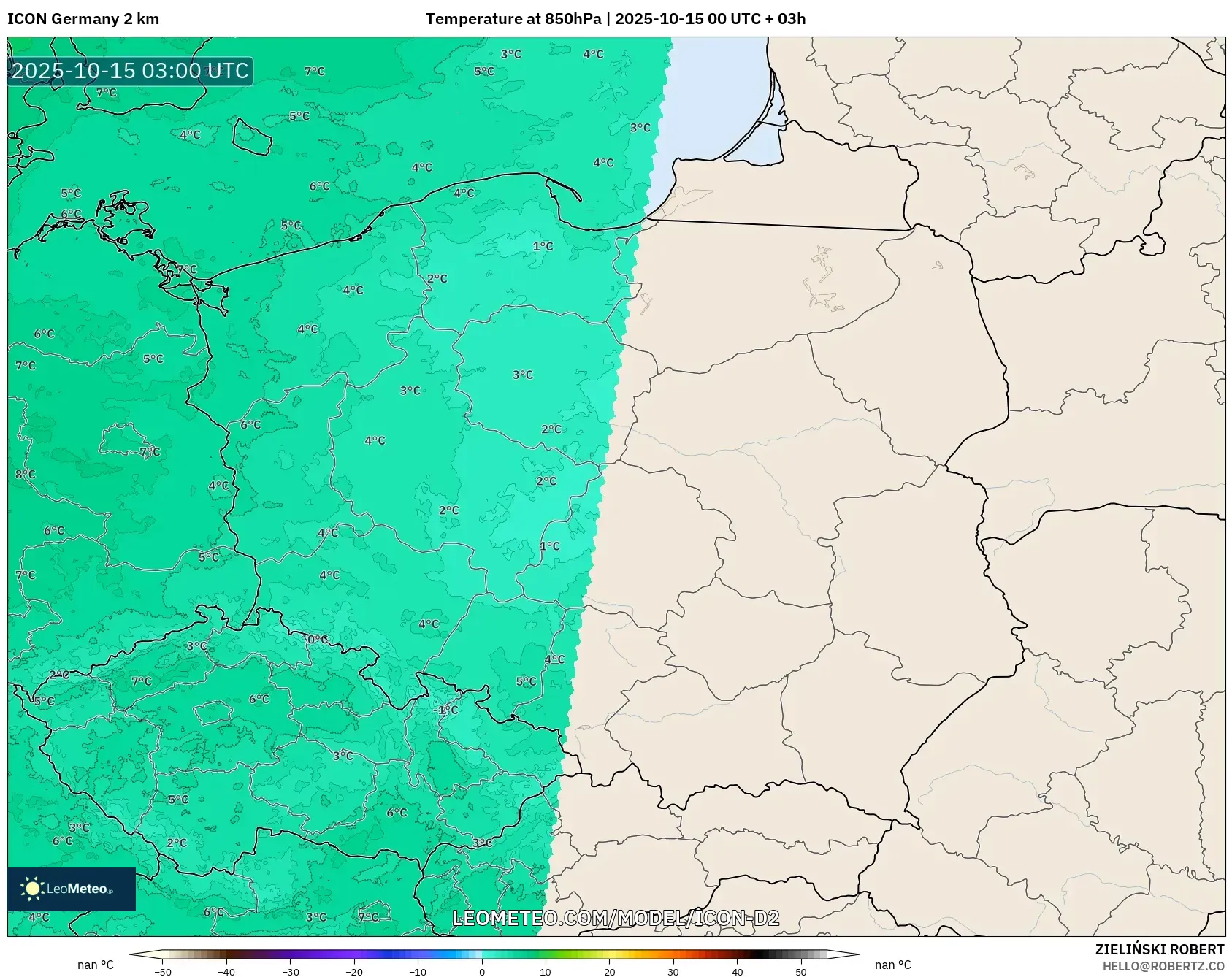 ICON Germany 2 km model - Poland, Temperature at 850hPa ICON Germany 2 km model - Poland, Temperature at 850hPa