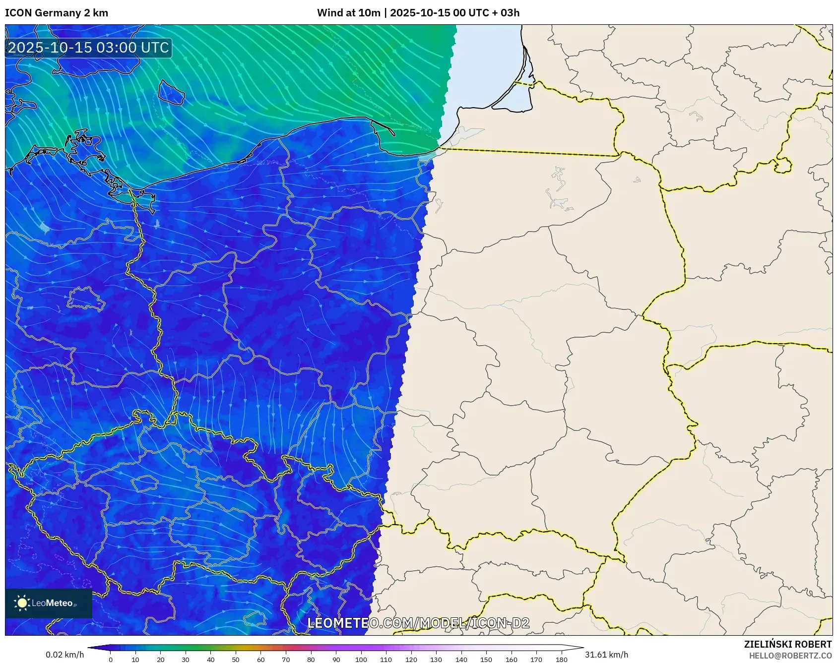 ICON Germany 2 km model - Poland, Wind at 10m ICON Germany 2 km model - Poland, Wind at 10m