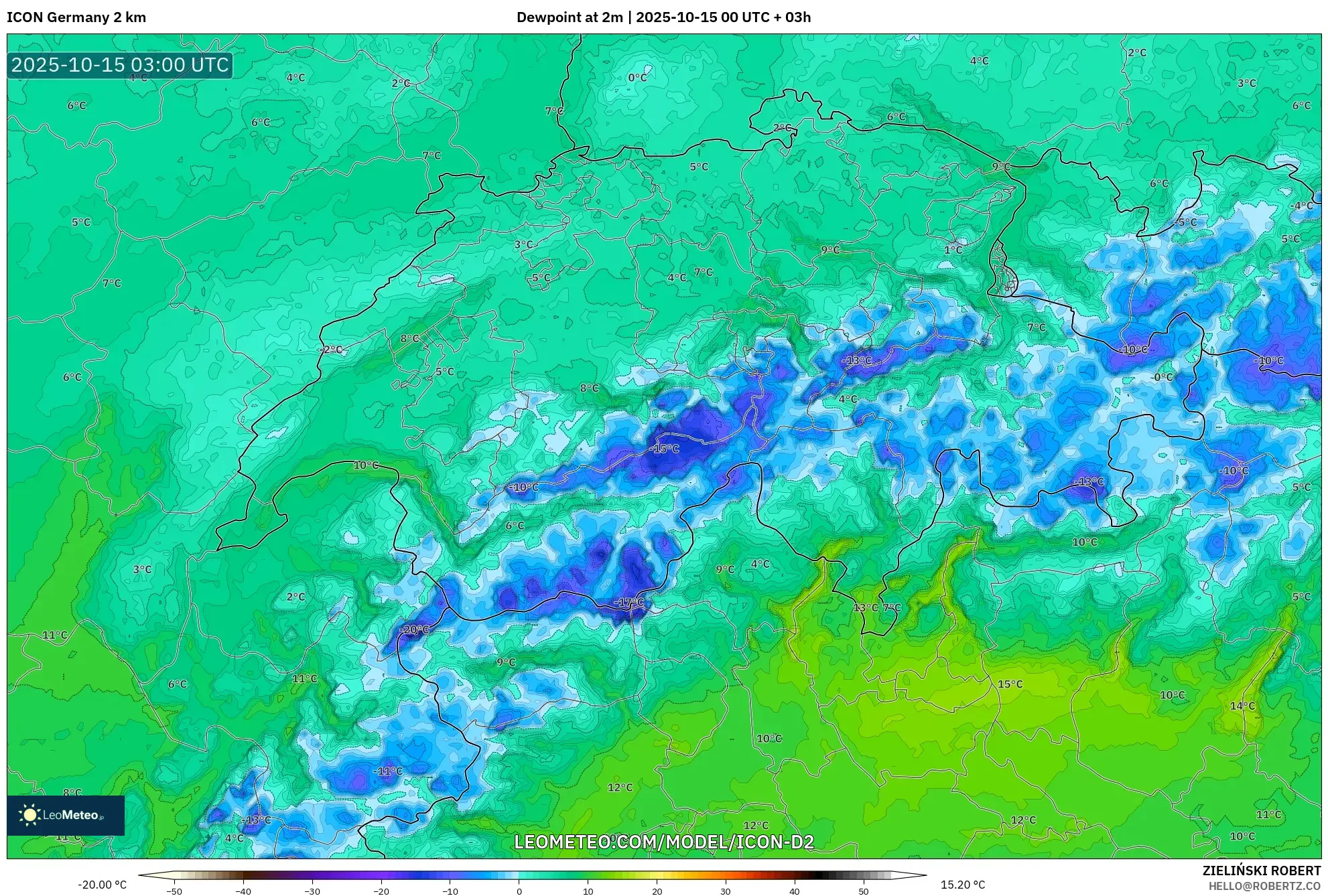 ICON Germany 2 km model - Switzerland, Dewpoint at 2m ICON Germany 2 km model - Switzerland, Dewpoint at 2m