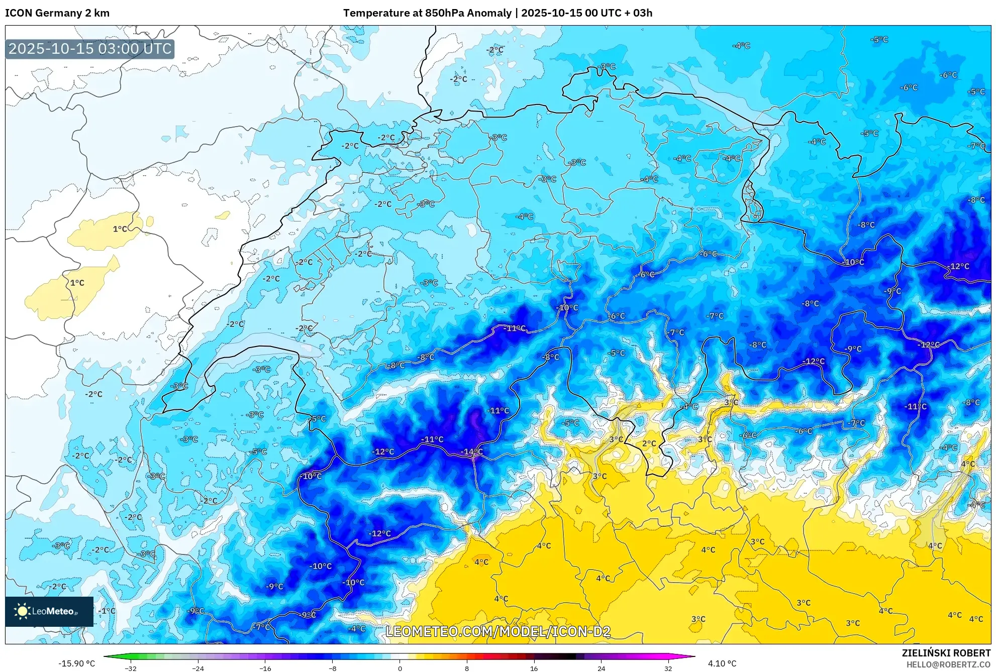 ICON Germany 2 km model - Switzerland, Temperature at 850hPa Anomaly