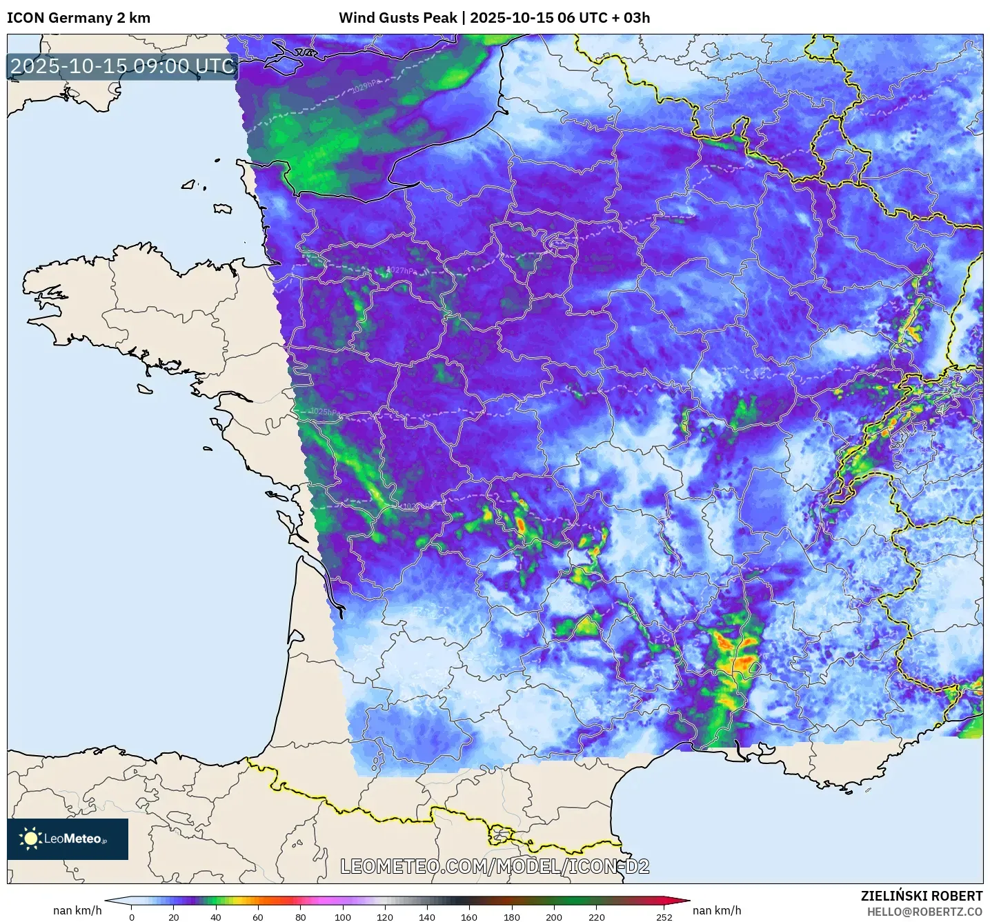 ICON Germany 2 km model - France, Wind Gusts Peak ICON Germany 2 km model - France, Wind Gusts Peak