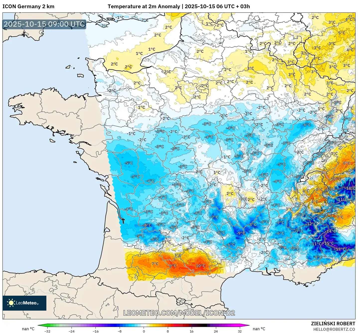 ICON Germany 2 km model - France, Temperature at 2m Anomaly ICON Germany 2 km model - France, Temperature at 2m Anomaly