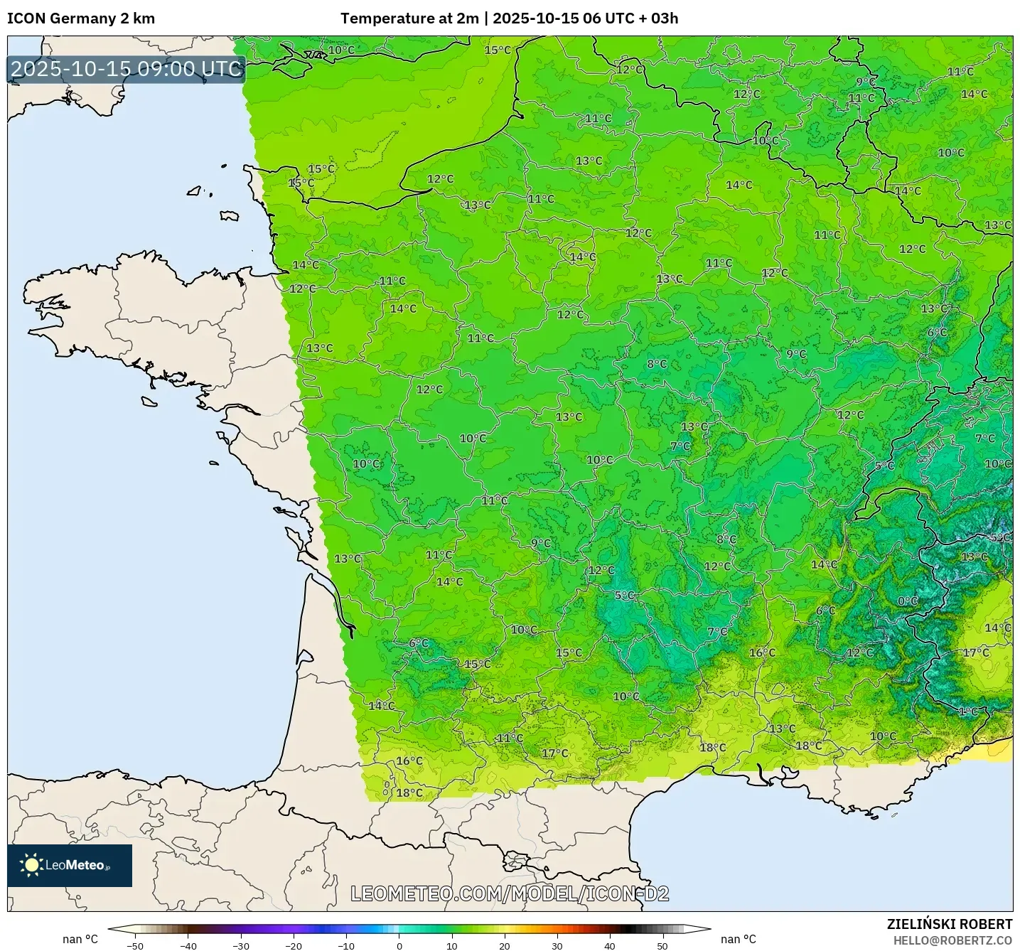 ICON Germany 2 km model - France, Temperature at 2m ICON Germany 2 km model - France, Temperature at 2m