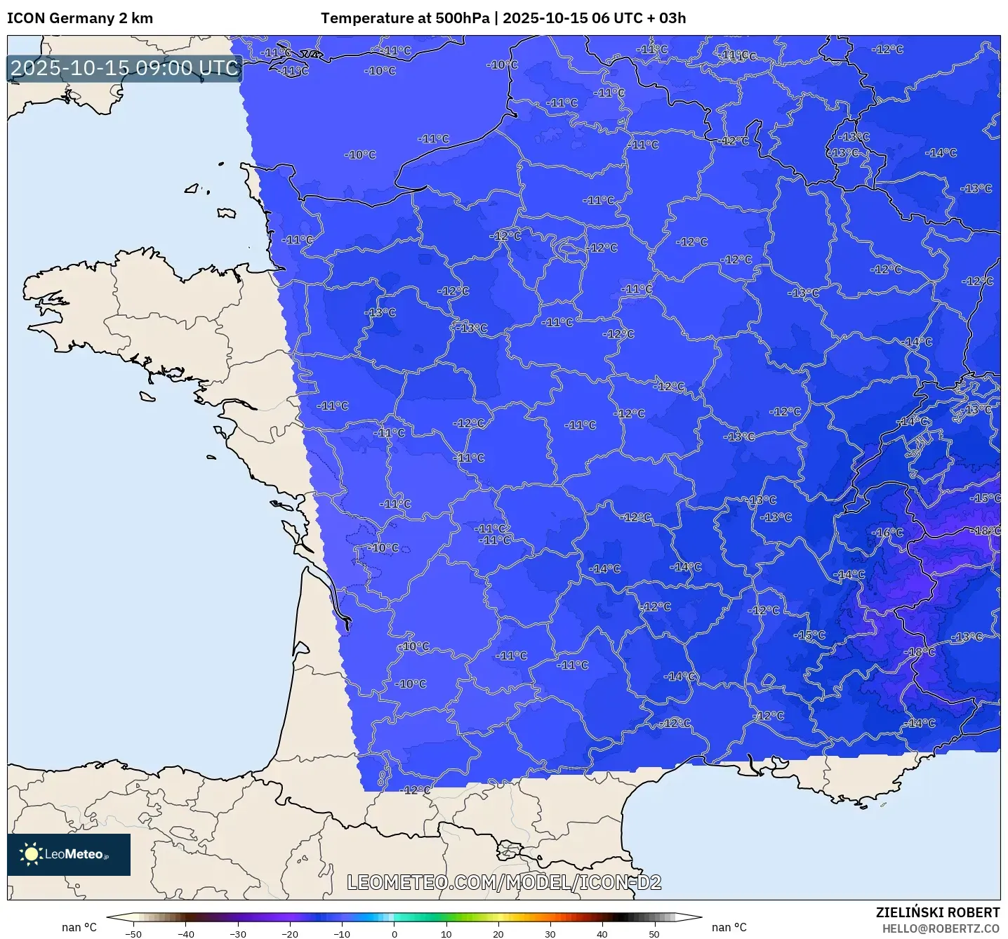 ICON Germany 2 km model - France, Temperature at 500hPa ICON Germany 2 km model - France, Temperature at 500hPa