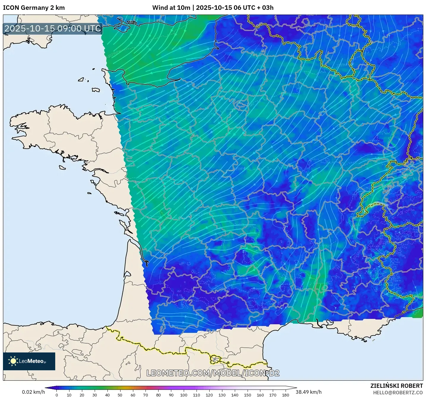 ICON Germany 2 km model - France, Wind at 10m ICON Germany 2 km model - France, Wind at 10m