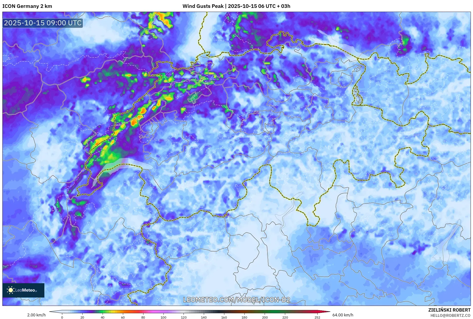 ICON Germany 2 km model - Switzerland, Wind Gusts Peak ICON Germany 2 km model - Switzerland, Wind Gusts Peak