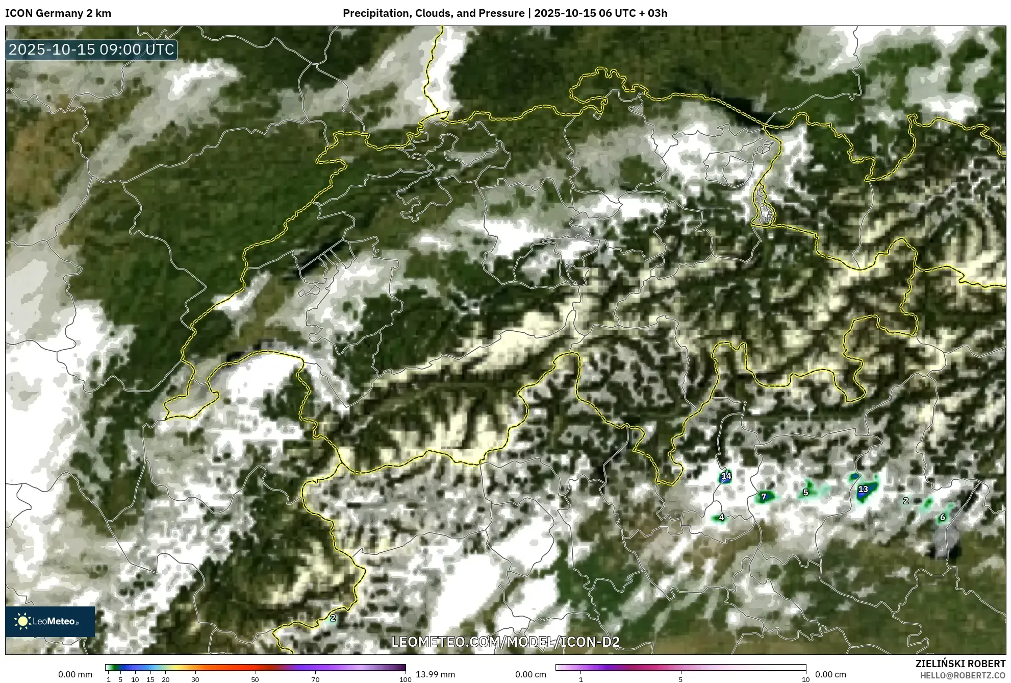 ICON Germany 2 km model - Switzerland, Precipitation, Clouds, and Pressure