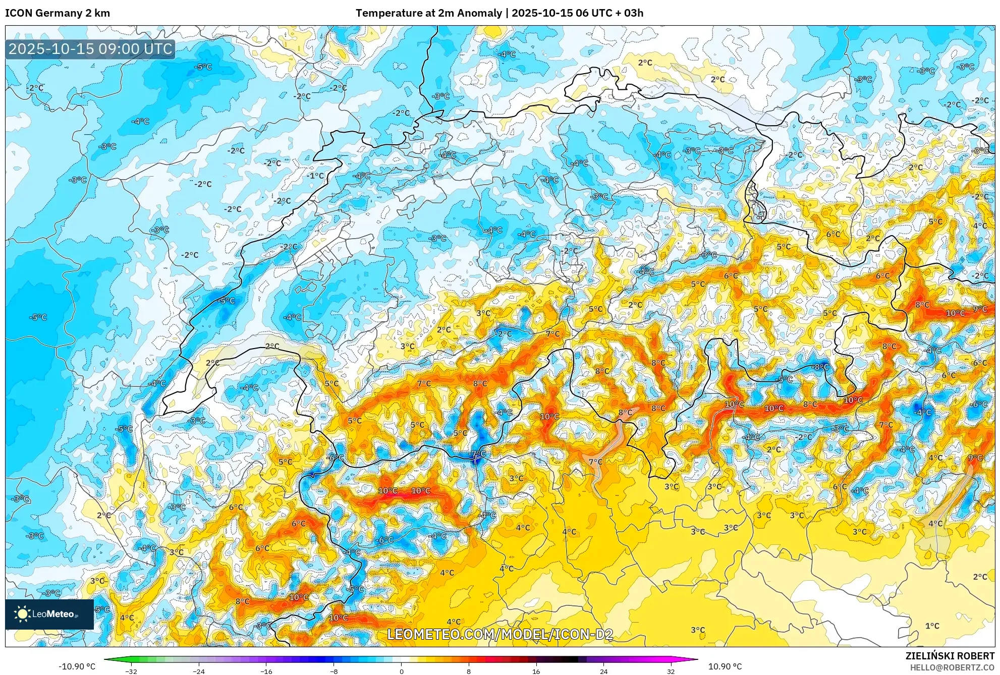 ICON Germany 2 km model - Switzerland, Temperature at 2m Anomaly ICON Germany 2 km model - Switzerland, Temperature at 2m Anomaly