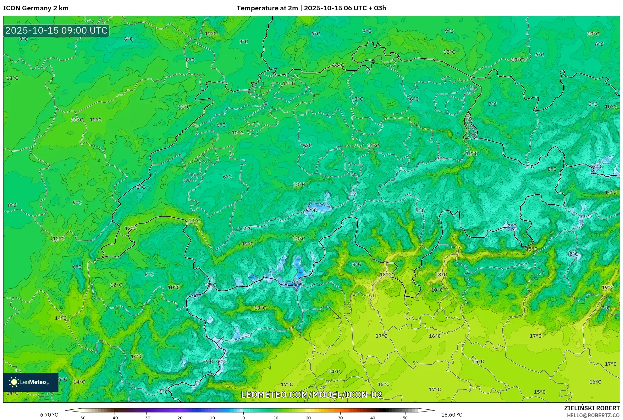ICON Germany 2 km model - Switzerland, Temperature at 2m ICON Germany 2 km model - Switzerland, Temperature at 2m
