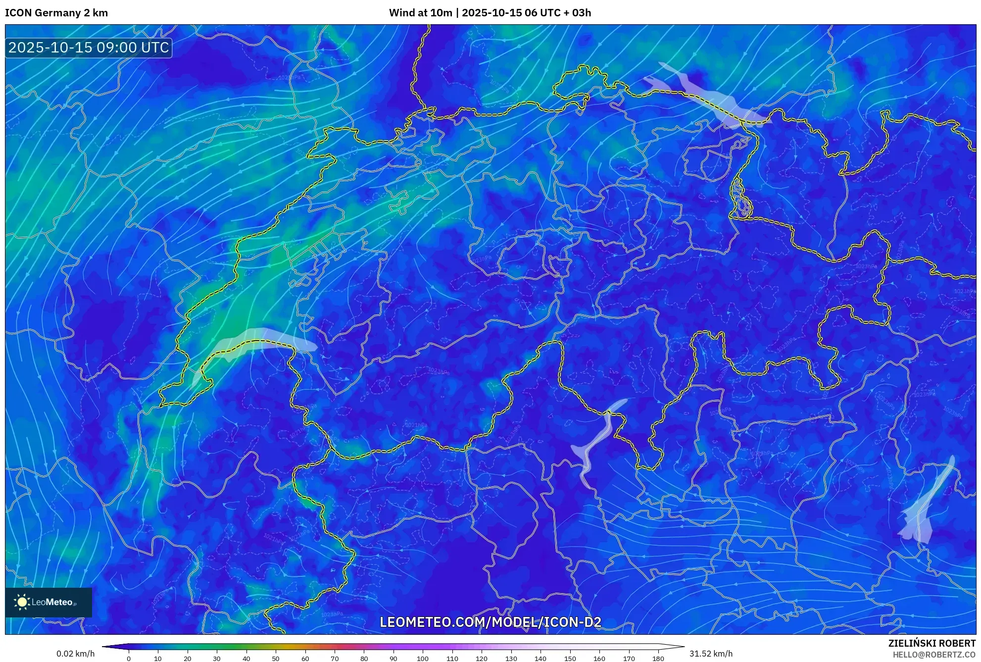 ICON Germany 2 km model - Switzerland, Wind at 10m ICON Germany 2 km model - Switzerland, Wind at 10m