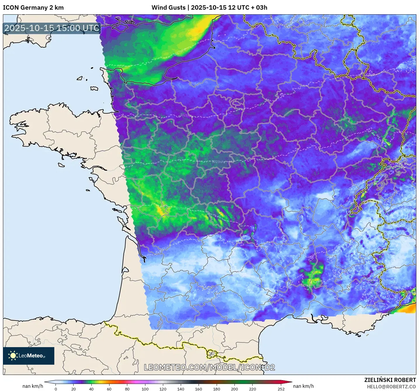 ICON Germany 2 km model - France, Wind Gusts ICON Germany 2 km model - France, Wind Gusts