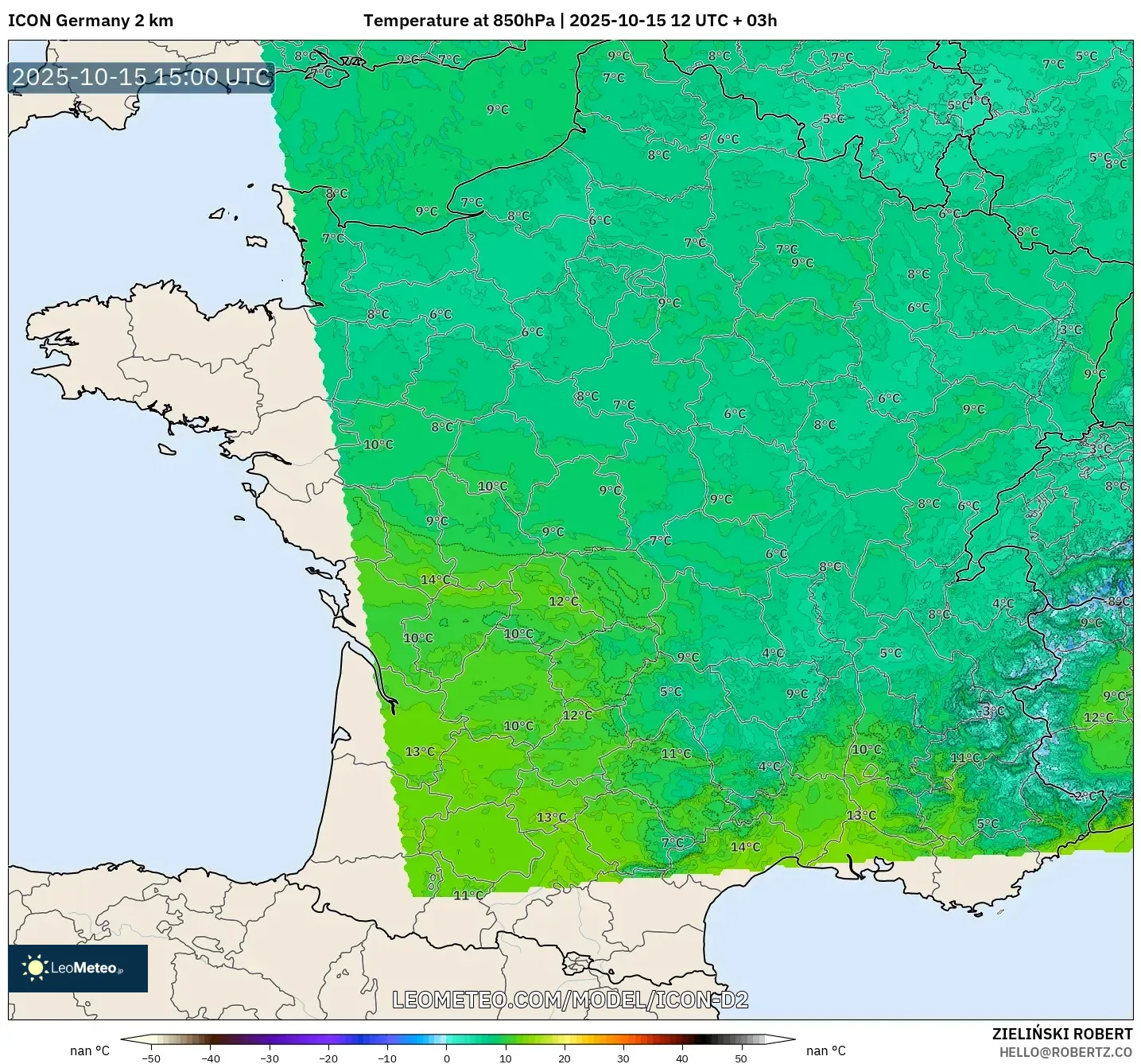 ICON Germany 2 km model - France, Temperature at 850hPa ICON Germany 2 km model - France, Temperature at 850hPa