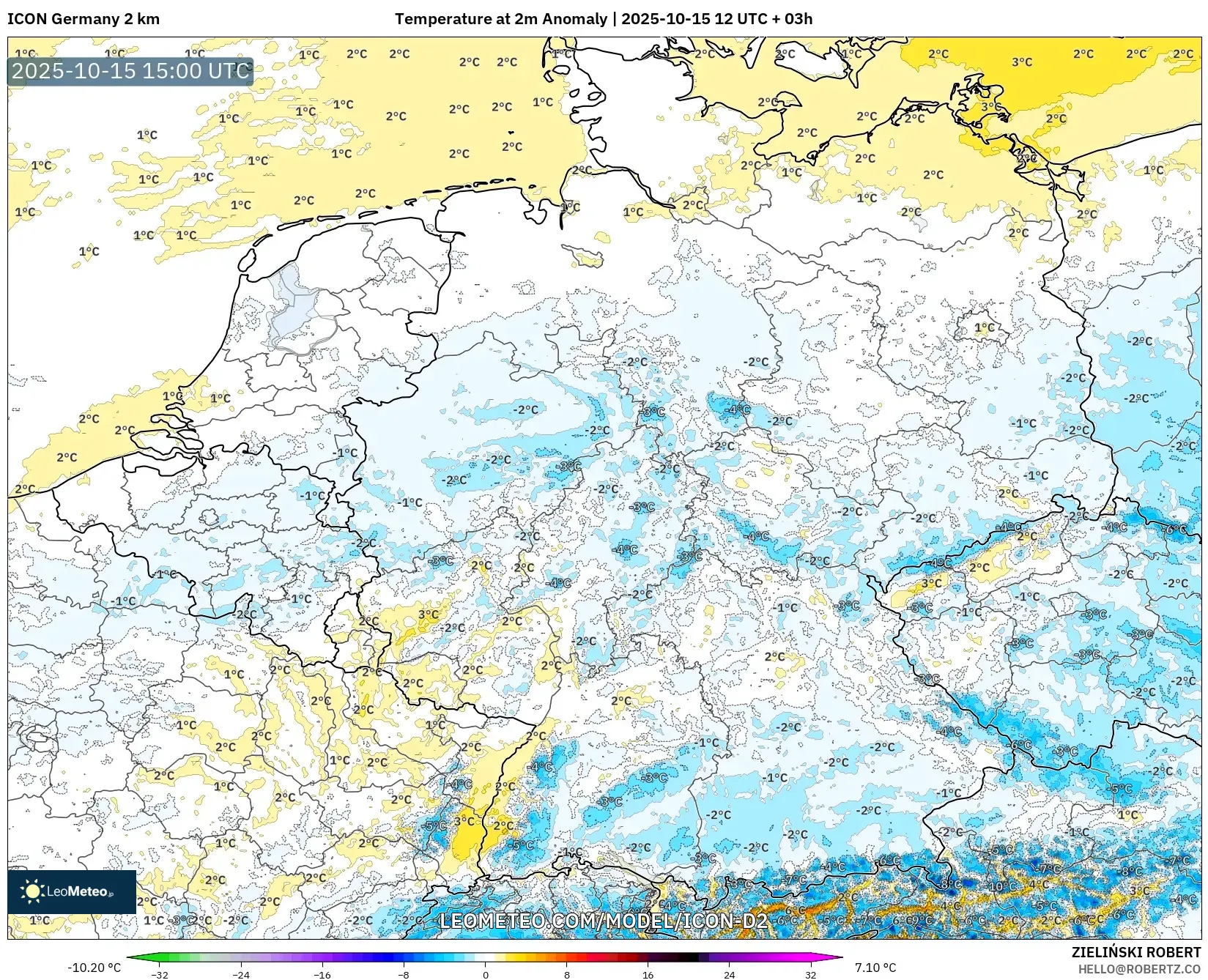 ICON Germany 2 km model - Germany, Temperature at 2m Anomaly ICON Germany 2 km model - Germany, Temperature at 2m Anomaly
