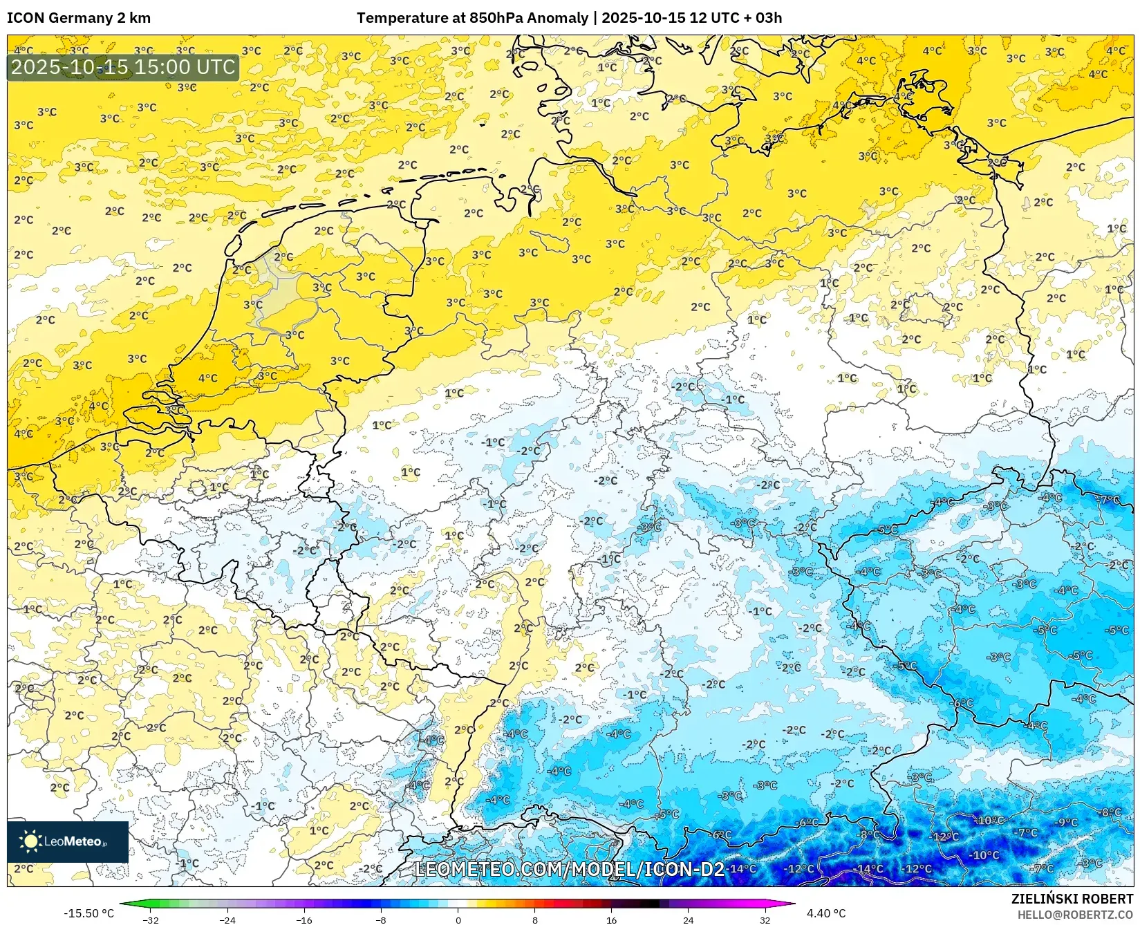 ICON Germany 2 km model - Germany, Temperature at 850hPa Anomaly