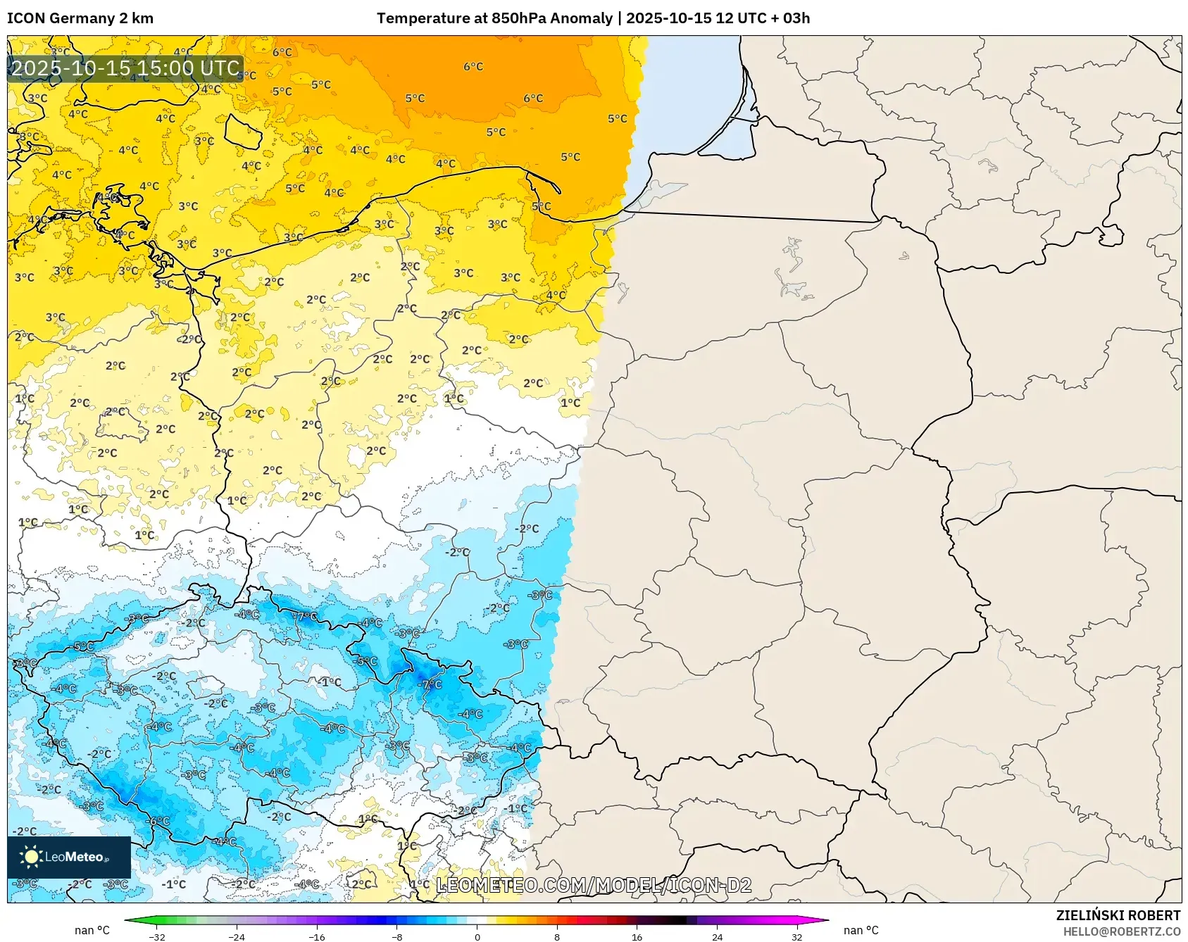 ICON Germany 2 km model - Poland, Temperature at 850hPa Anomaly ICON Germany 2 km model - Poland, Temperature at 850hPa Anomaly