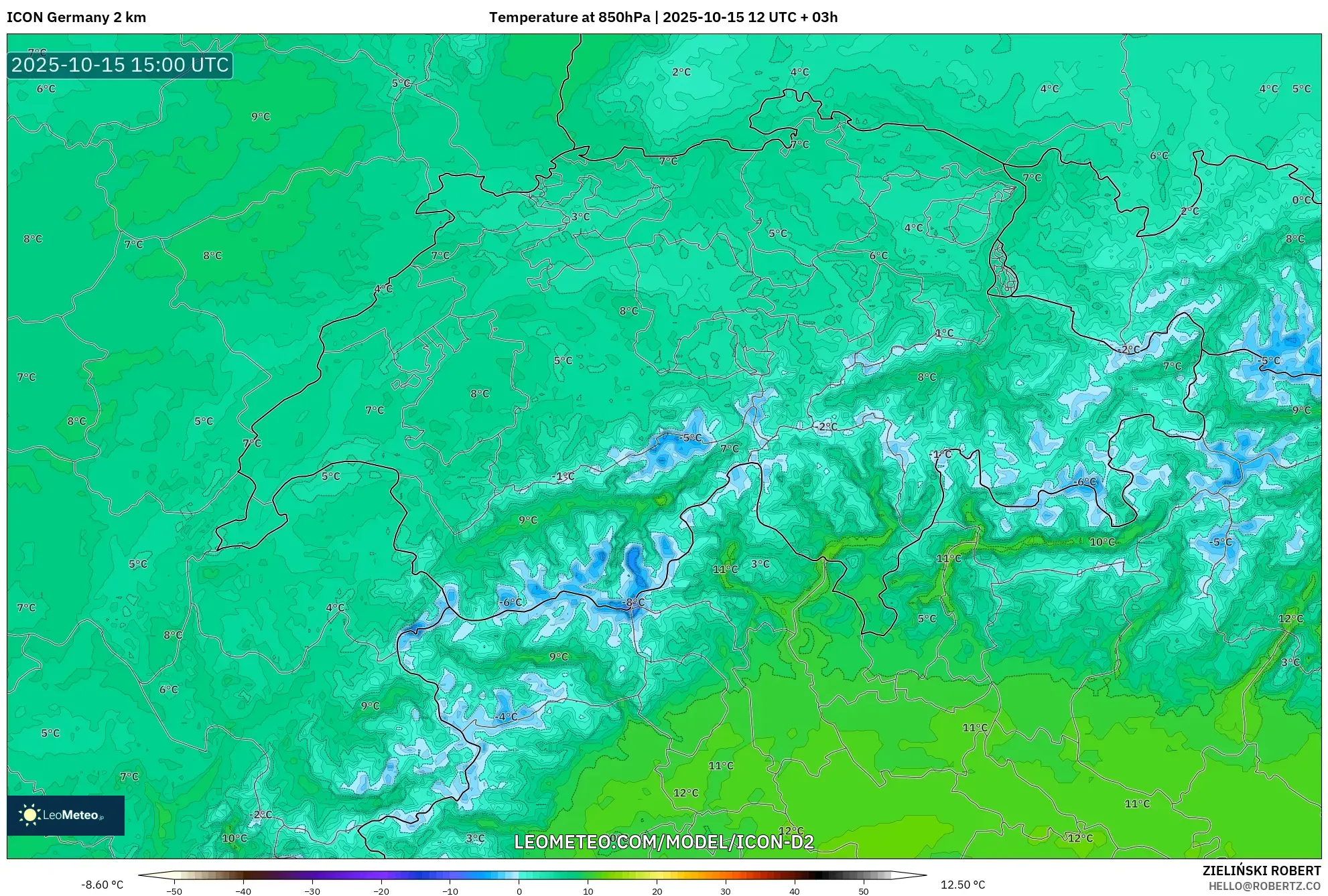 ICON Germany 2 km model - Switzerland, Temperature at 850hPa ICON Germany 2 km model - Switzerland, Temperature at 850hPa