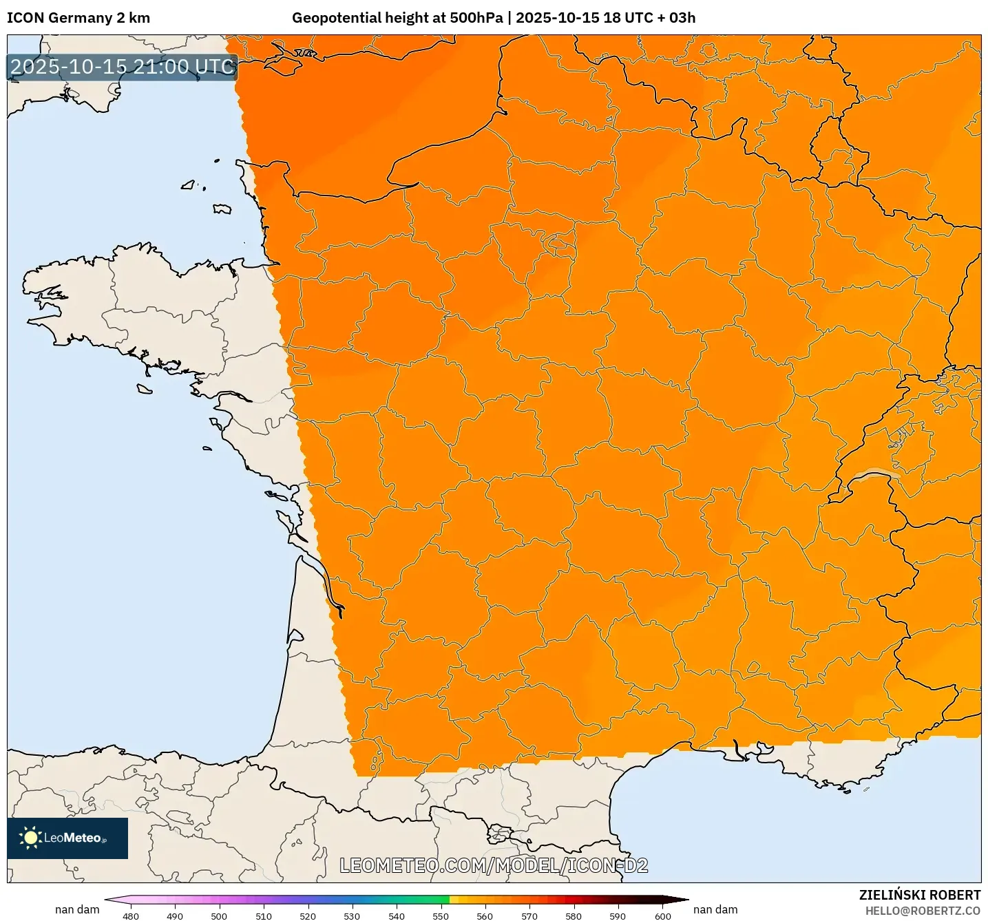 ICON Germany 2 km model - France, Geopotential height at 500hPa ICON Germany 2 km model - France, Geopotential height at 500hPa