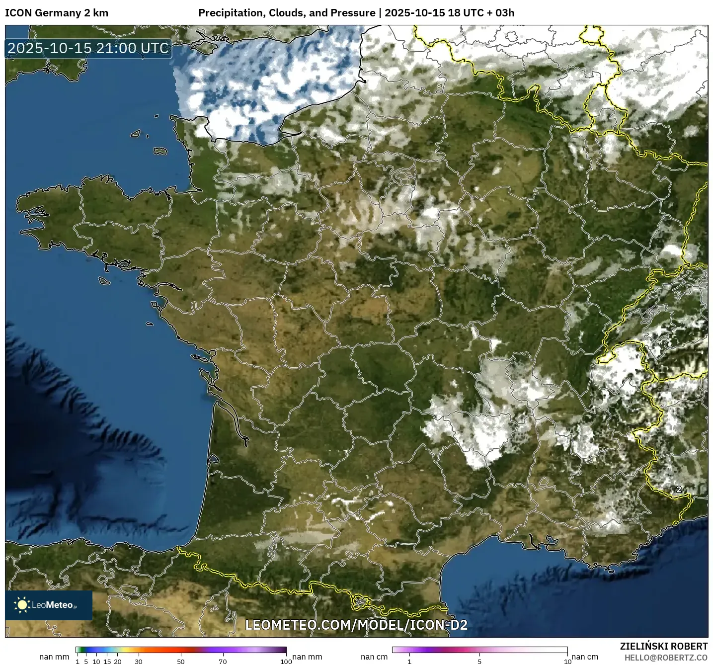ICON Germany 2 km model - France, Precipitation, Clouds, and Pressure ICON Germany 2 km model - France, Precipitation, Clouds, and Pressure