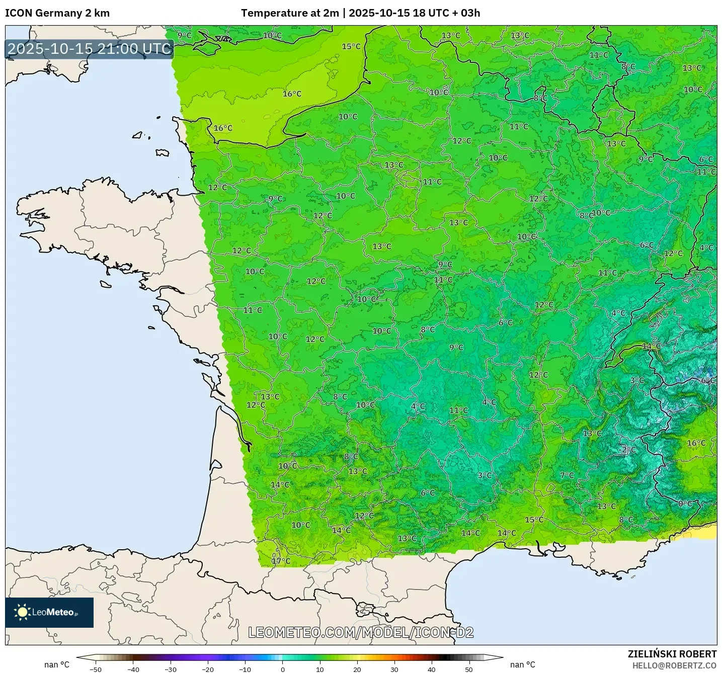 ICON Germany 2 km model - France, Temperature at 2m ICON Germany 2 km model - France, Temperature at 2m