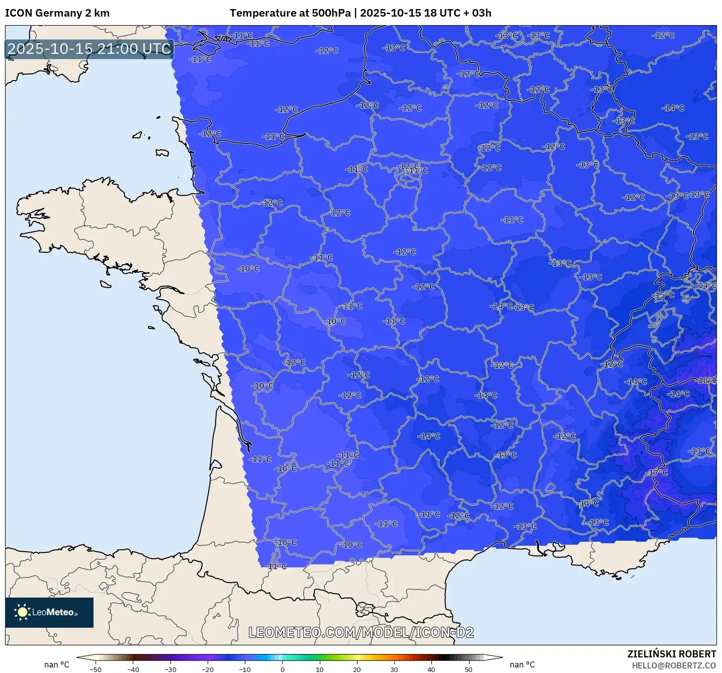 ICON Germany 2 km model - France, Temperature at 500hPa ICON Germany 2 km model - France, Temperature at 500hPa