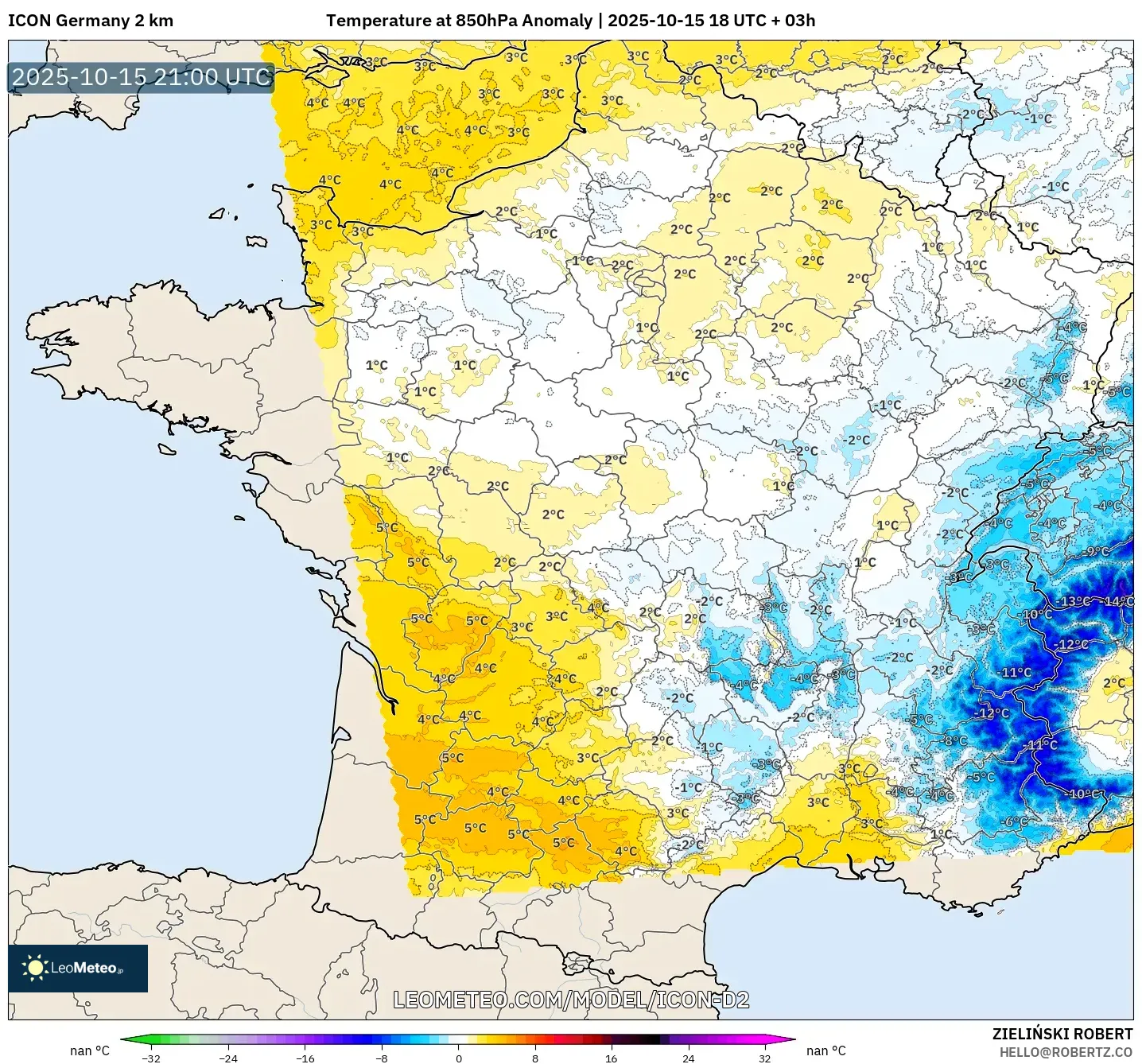 ICON Germany 2 km model - France, Temperature at 850hPa Anomaly ICON Germany 2 km model - France, Temperature at 850hPa Anomaly