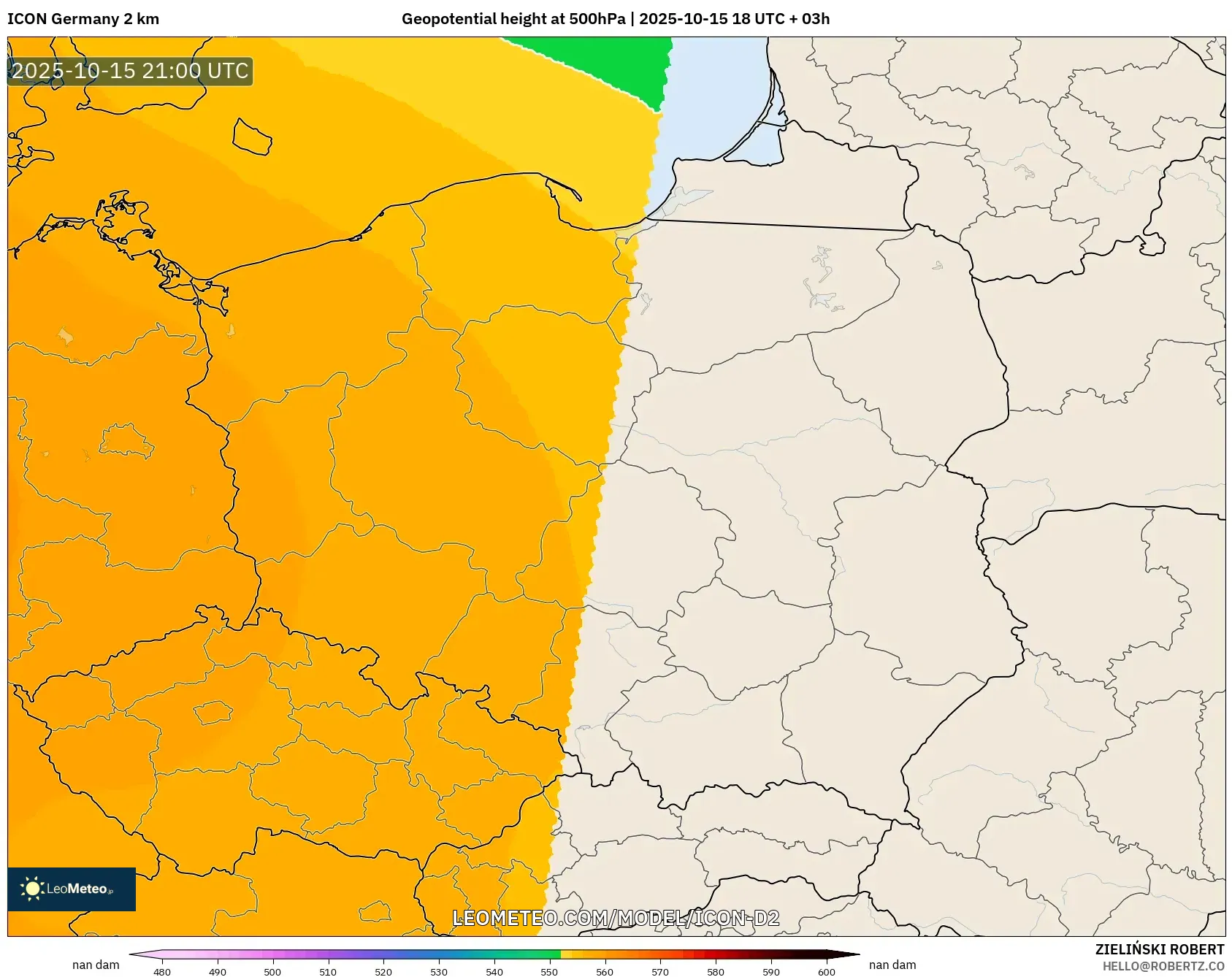 ICON Germany 2 km model - Poland, Geopotential height at 500hPa ICON Germany 2 km model - Poland, Geopotential height at 500hPa