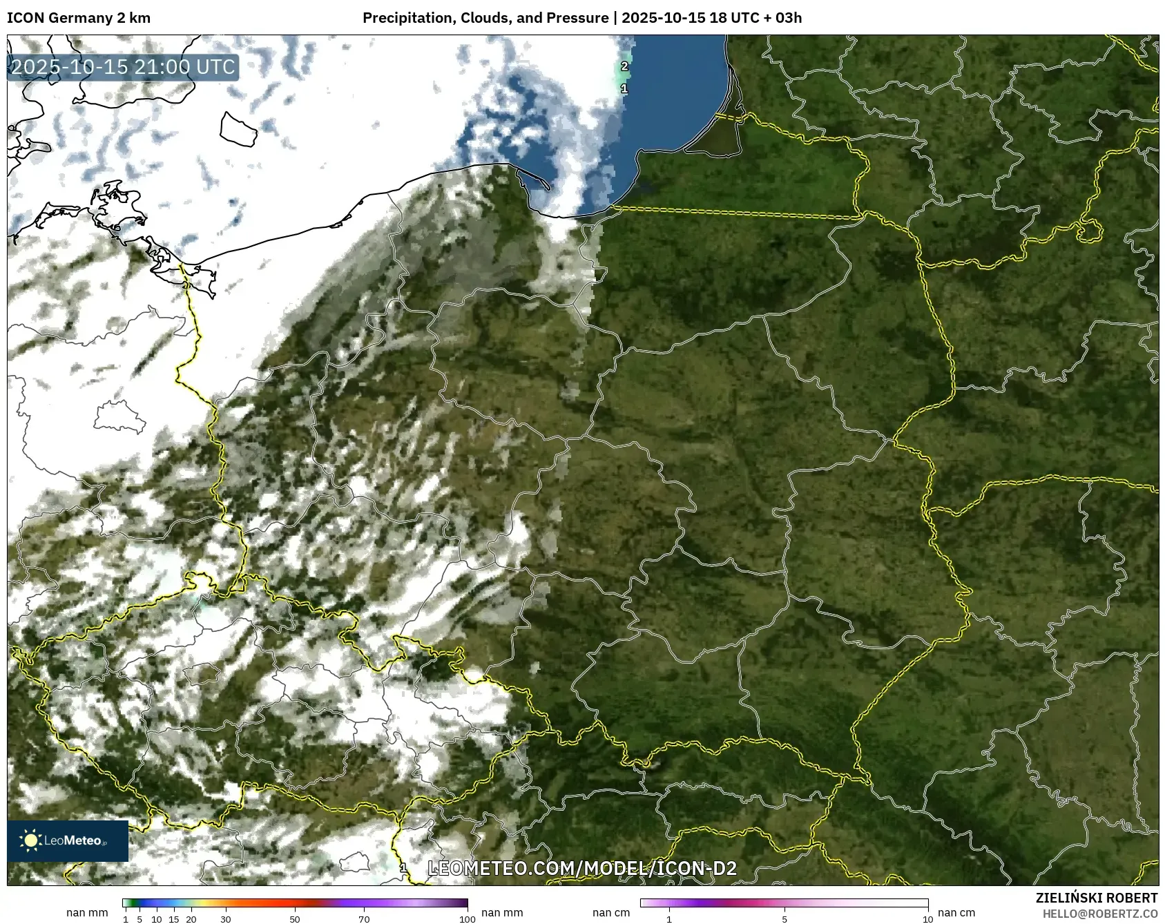 ICON Germany 2 km model - Poland, Precipitation, Clouds, and Pressure ICON Germany 2 km model - Poland, Precipitation, Clouds, and Pressure