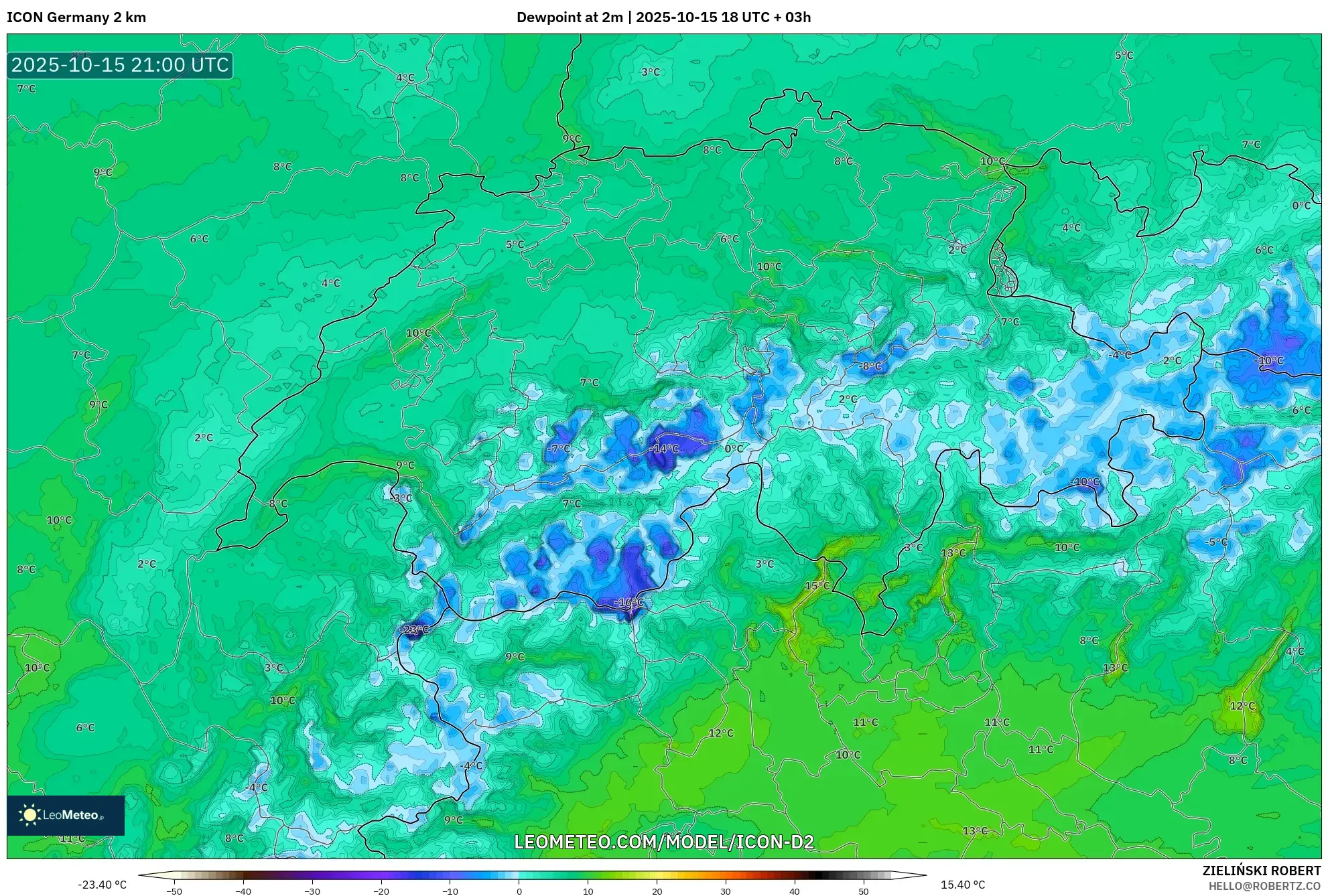 ICON Germany 2 km model - Switzerland, Dewpoint at 2m ICON Germany 2 km model - Switzerland, Dewpoint at 2m