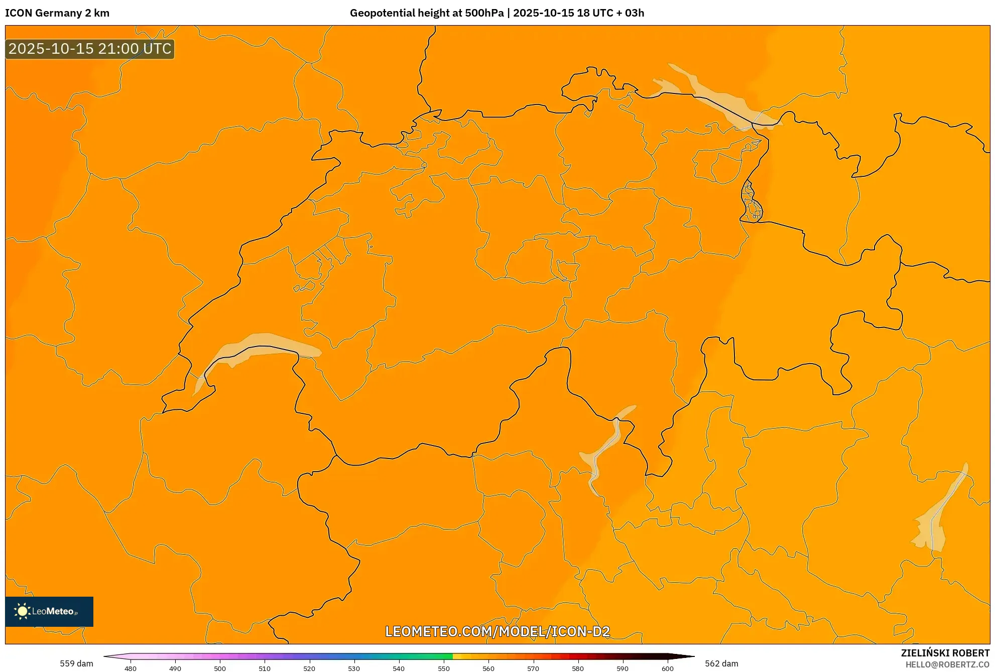 ICON Germany 2 km model - Switzerland, Geopotential height at 500hPa ICON Germany 2 km model - Switzerland, Geopotential height at 500hPa