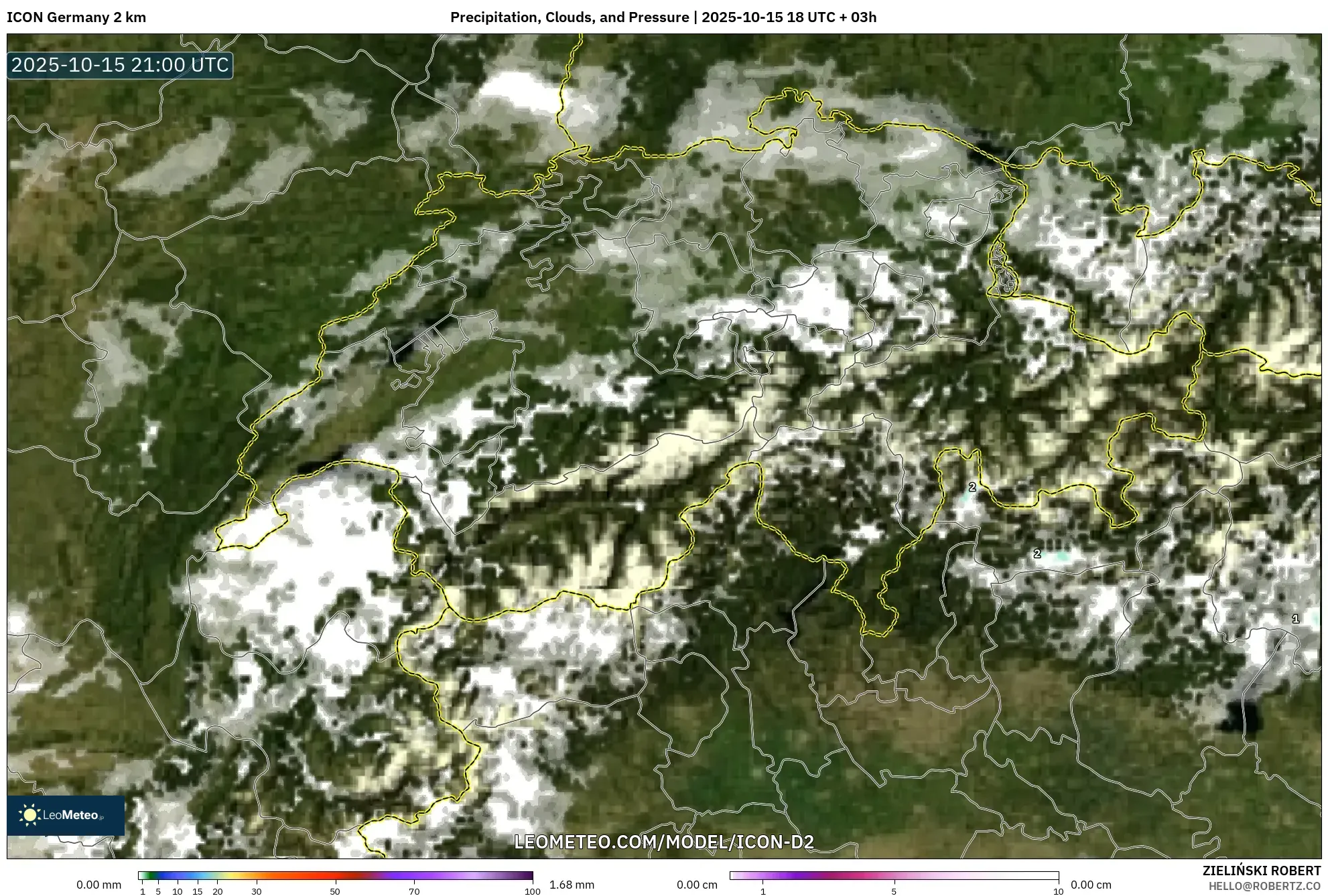 ICON Germany 2 km model - Switzerland, Precipitation, Clouds, and Pressure ICON Germany 2 km model - Switzerland, Precipitation, Clouds, and Pressure