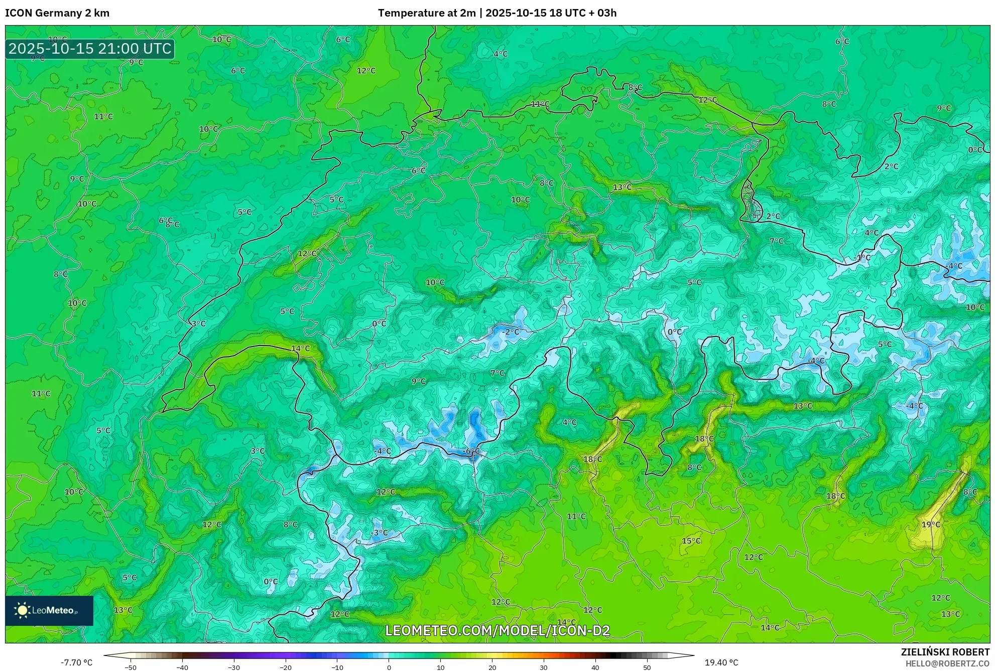 ICON Germany 2 km model - Switzerland, Temperature at 2m ICON Germany 2 km model - Switzerland, Temperature at 2m